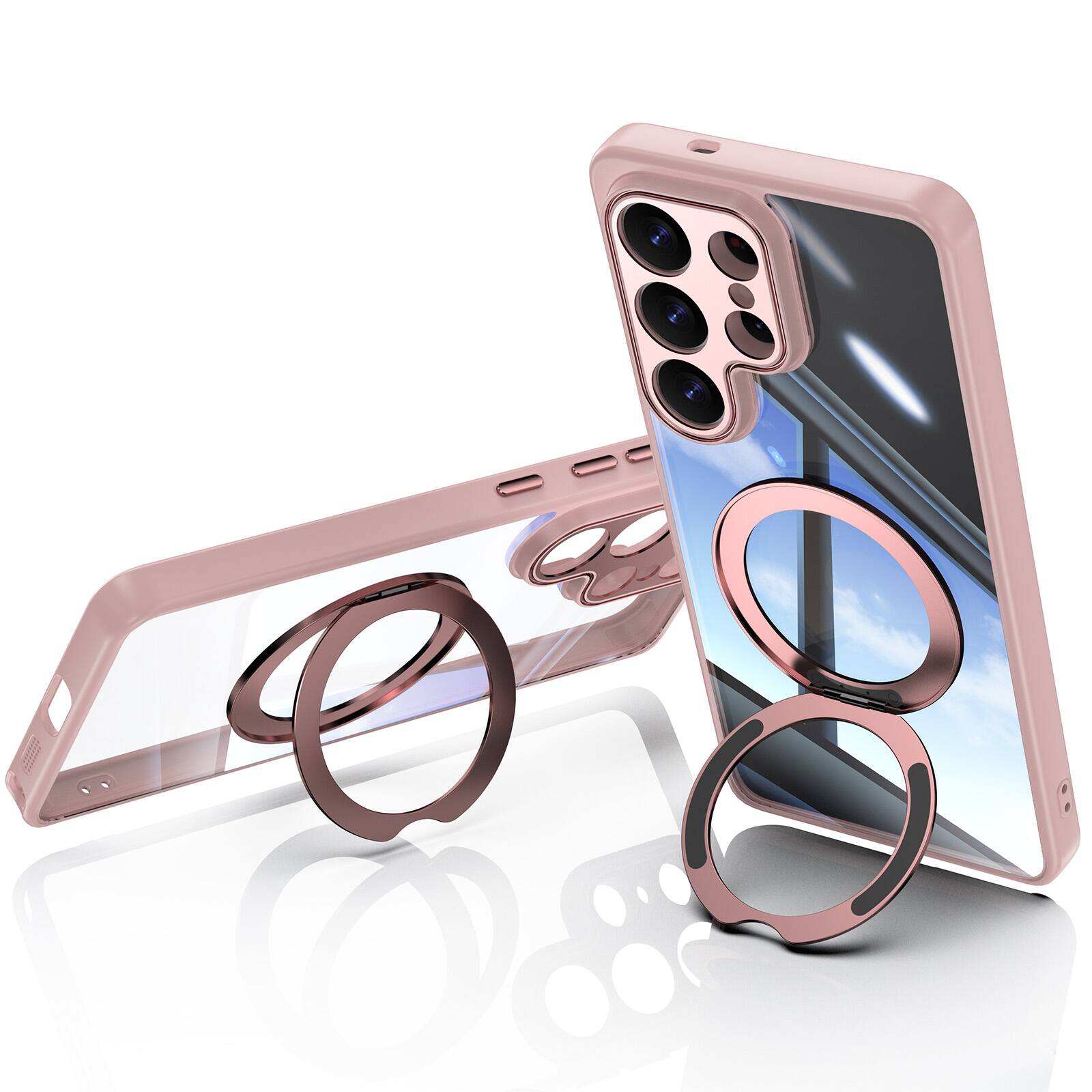 Back. Dteck - Magnetic Clear Case For Samsung Galaxy S26 Ultra, Shockproof Anti-Scratch 360° Ring Holder Stand PC+TPU Protection Cover - Pink.