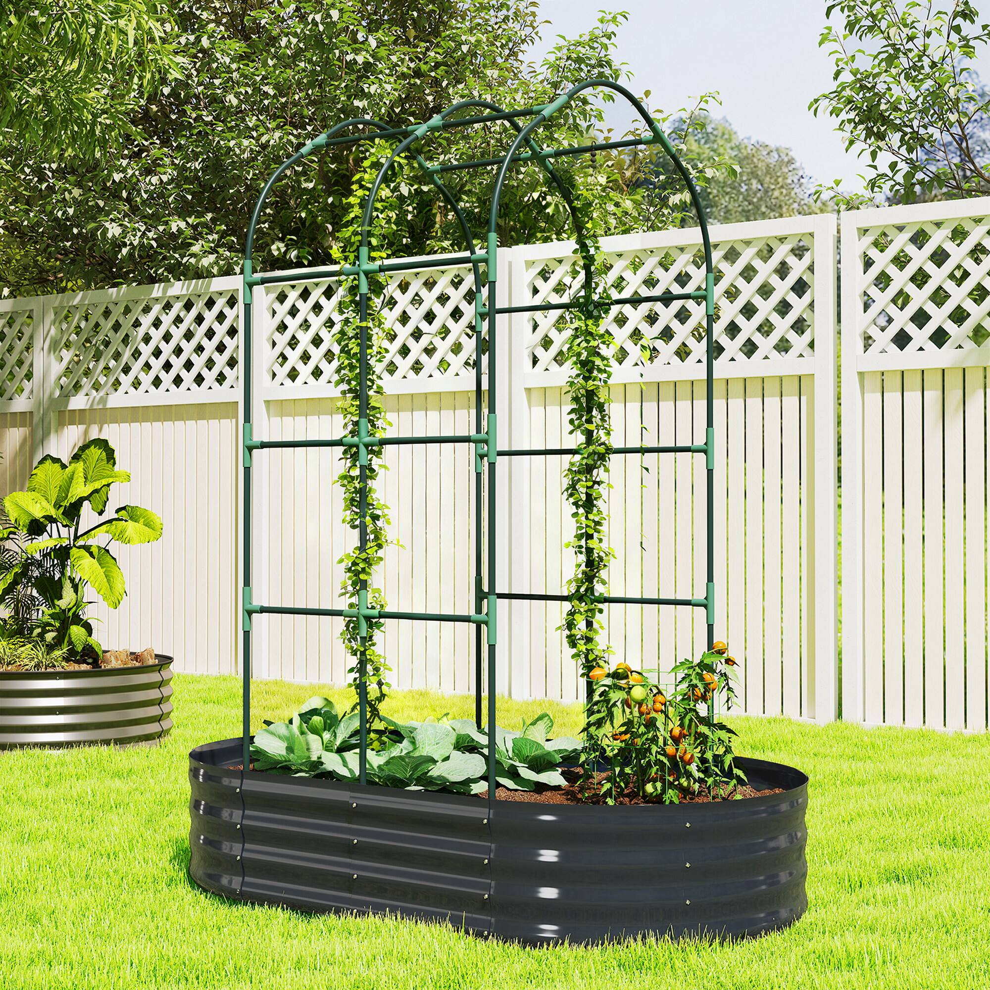 Alt View 1. Outsunny - Raised Garden Bed with Arched Trellis, 5 x 3 x 6ft Metal Outdoor Planter Box with Open Bottom.