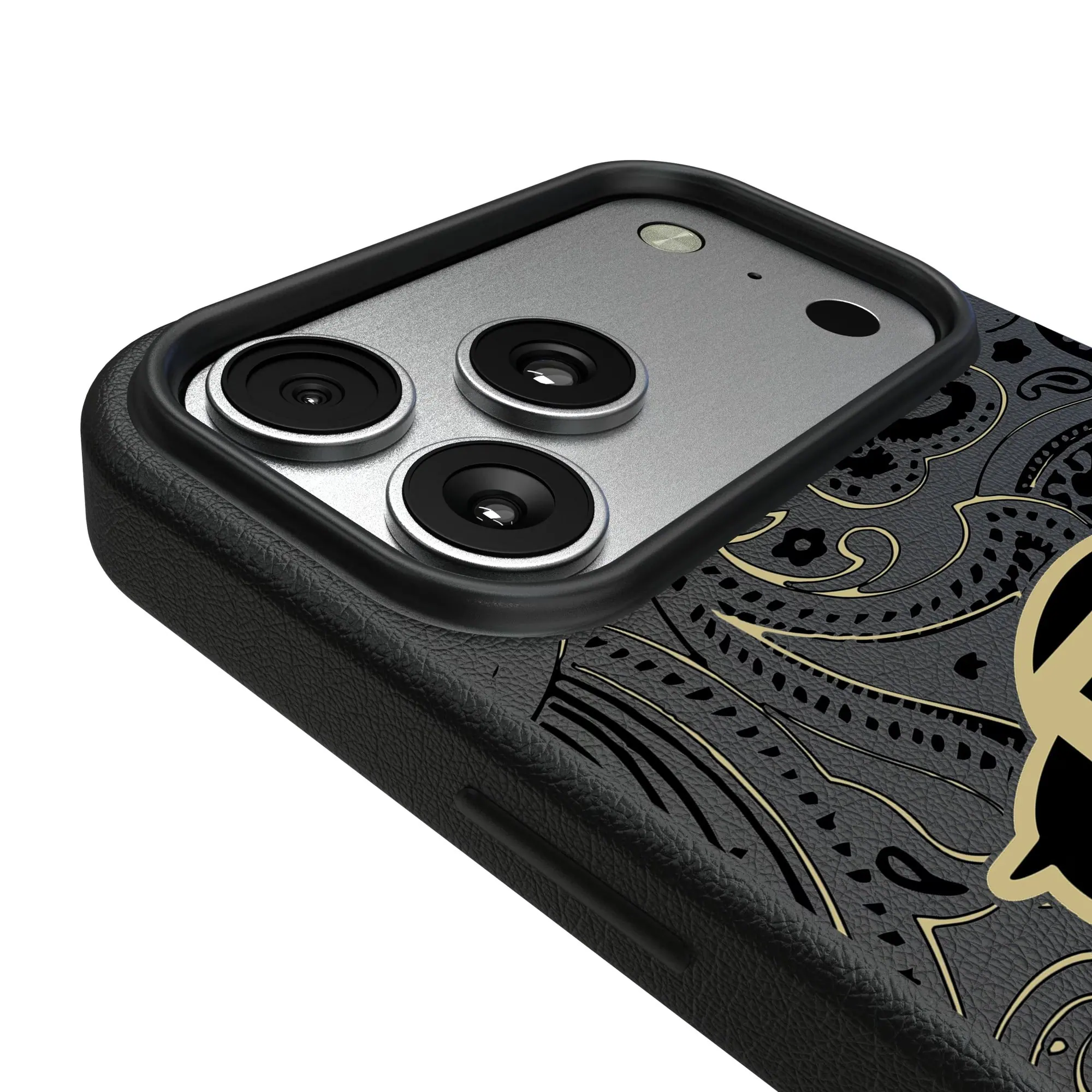 Alt View 2. Keyscaper - Colorado Buffaloes Paisley iPhone Magnetic Bump Case - 15 Pro - Black.