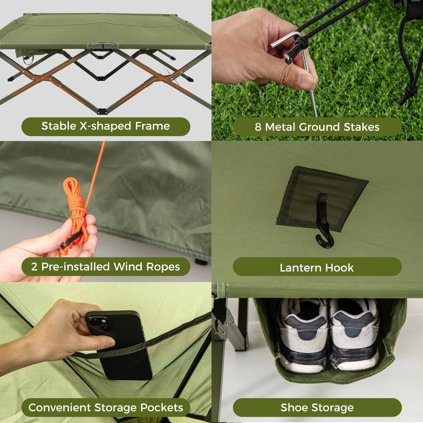 - Stable X-shaped Frame
- 8 Metal Ground Stakes
- 2 Pre-installed Wind Ropes
- Lantern Hook
- Convenient Storage Pockets
- Shoe Storage
