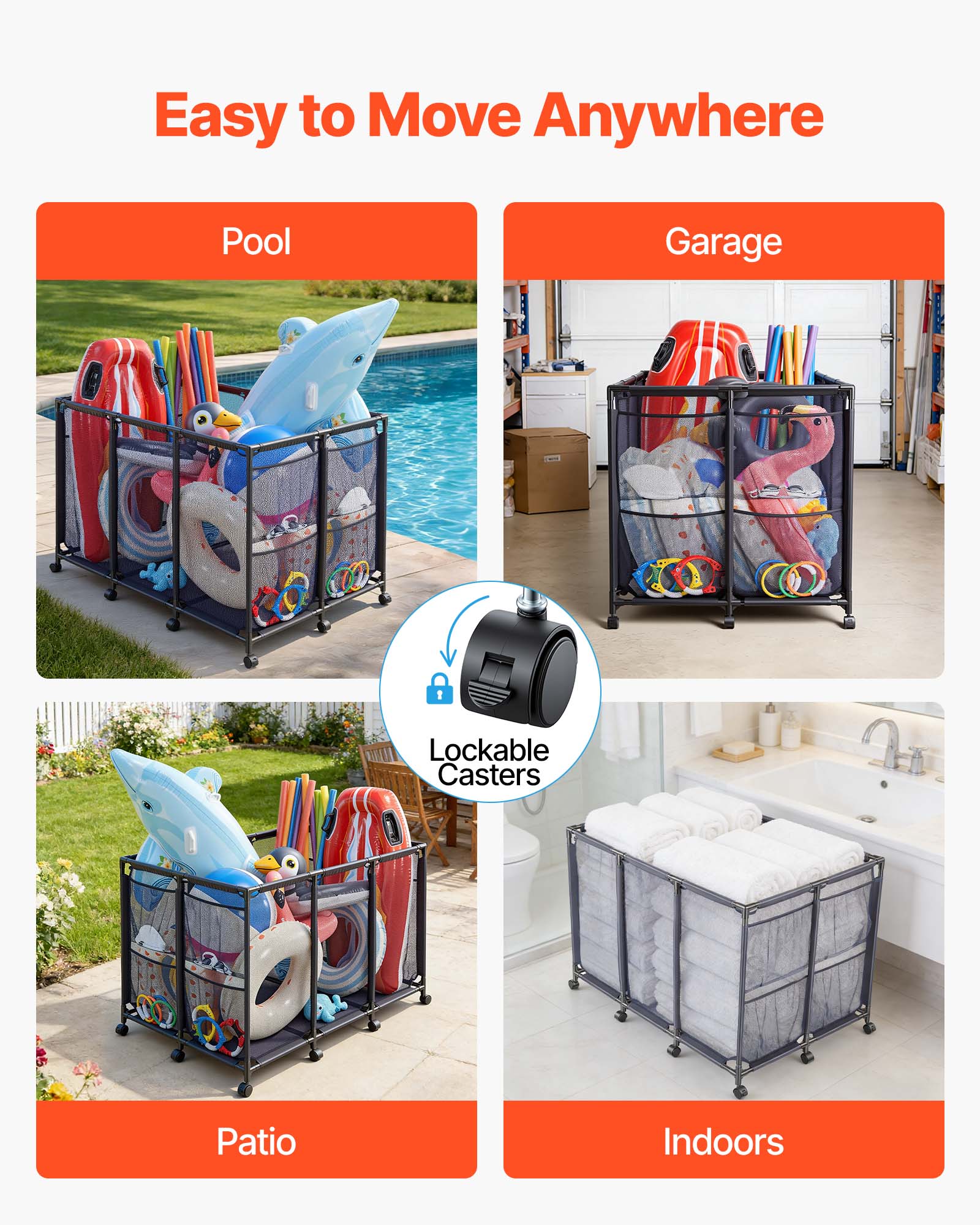 Easy to Move Anywhere

Pool  
Garage  
Patio  
Indoors

Lockable Casters