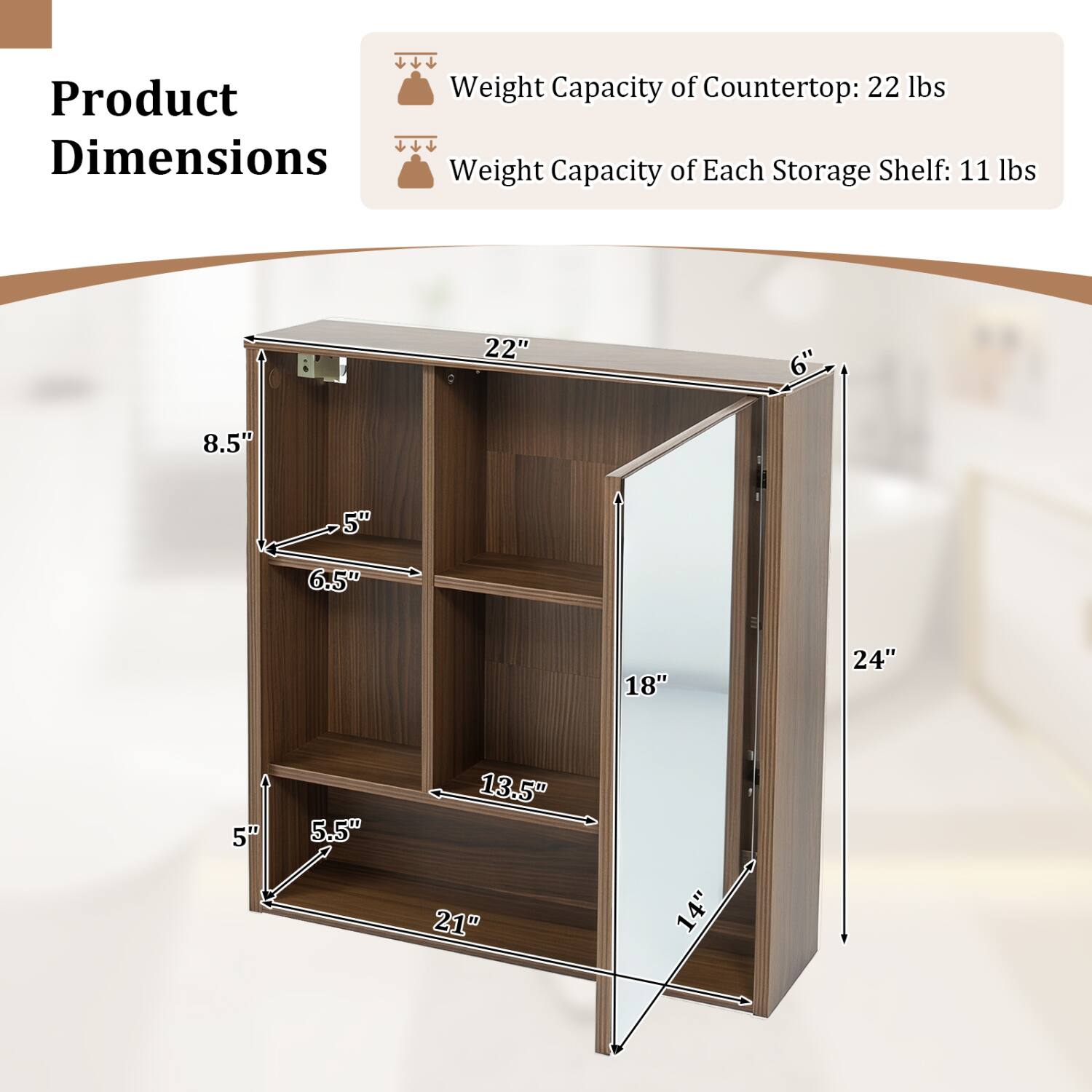 Product Dimensions  
Weight Capacity of Countertop: 22 lbs  
Weight Capacity of Each Storage Shelf: 11 lbs  

22"  
8.5"  
5"  
6.5"  
18"  
24"  
5"  
5.5"  
13.5"  
21"  
14"