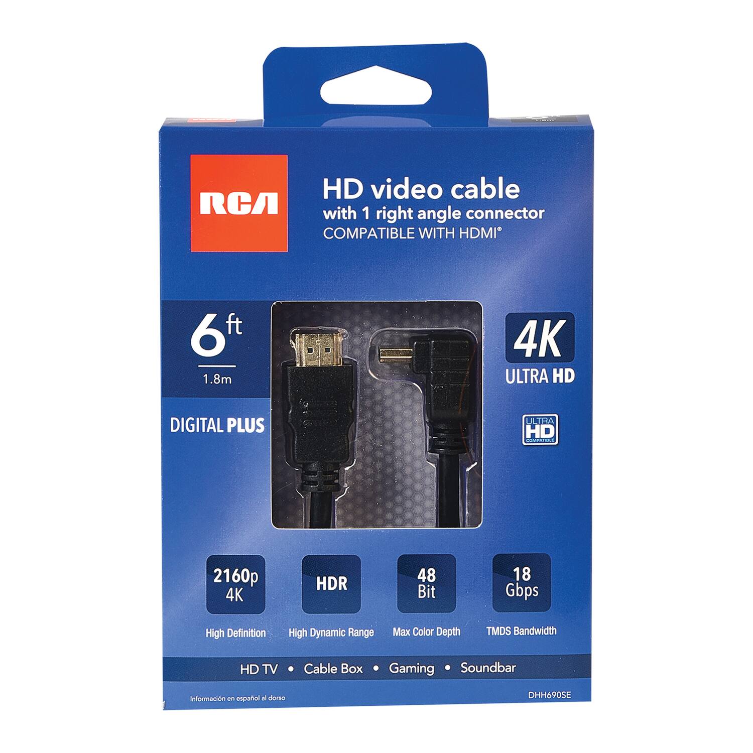 HD video cable RCA with 1 right angle connector COMPATIBLE WITH HDMI 6ft 1.8m 4K ULTRA HD DIGITAL PLUS ULTRA HD 2160p 4K HDR 48 Bit 18 Gbps High Definition High Dynamic Range Max Color Depth TMDS Bandwidth HD TV Cable Box Gaming Soundbar Información en español al dorso DHH690SE