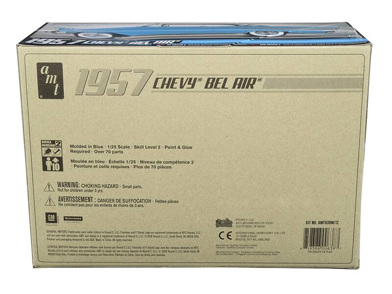 Sure, here is the corrected and grouped text from the image:

---

**1957 CHEVY BEL AIR**

**a m t**

**Skill Level 2**  
Molded in Blue 1:25 Scale  
Paint & Glue Required  
Over 70 parts

**Moule en bleu**  
Échelle 1/25  
Niveau de compétence 2  
Peinture et colle requises  
Plus de 70 pièces

**WARNING: CHOKING HAZARD**  
Small parts. Not for children under 3 yrs.

**AVERTISSEMENT: DANGER DE SUFFOCATION**  
Petites pièces. Ne convient pas pour les enfants de moins de 3 ans.

**GM GENERAL MOTORS**  
Trademarks used under license to Round 2, LLC. Firststone and Sokolage are registered trademarks of BFS Brands, LLC. AMT and design are used under license to Round 2, LLC.  
Product and packaging designed in the USA. Made in China. All rights reserved.

**ROUND 2, LLC**  
4073 Meghan Beeler Court  
South Bend, IN 46628  
USA

