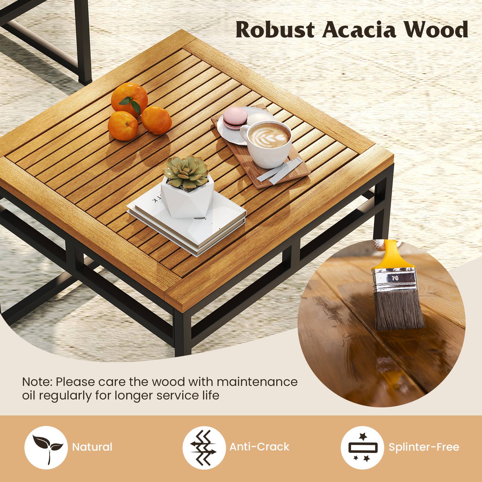 Robust Acacia Wood, Natural, Anti-Crack, Splinter-Free, Note: Please care the wood with maintenance oil regularly for longer service life.
