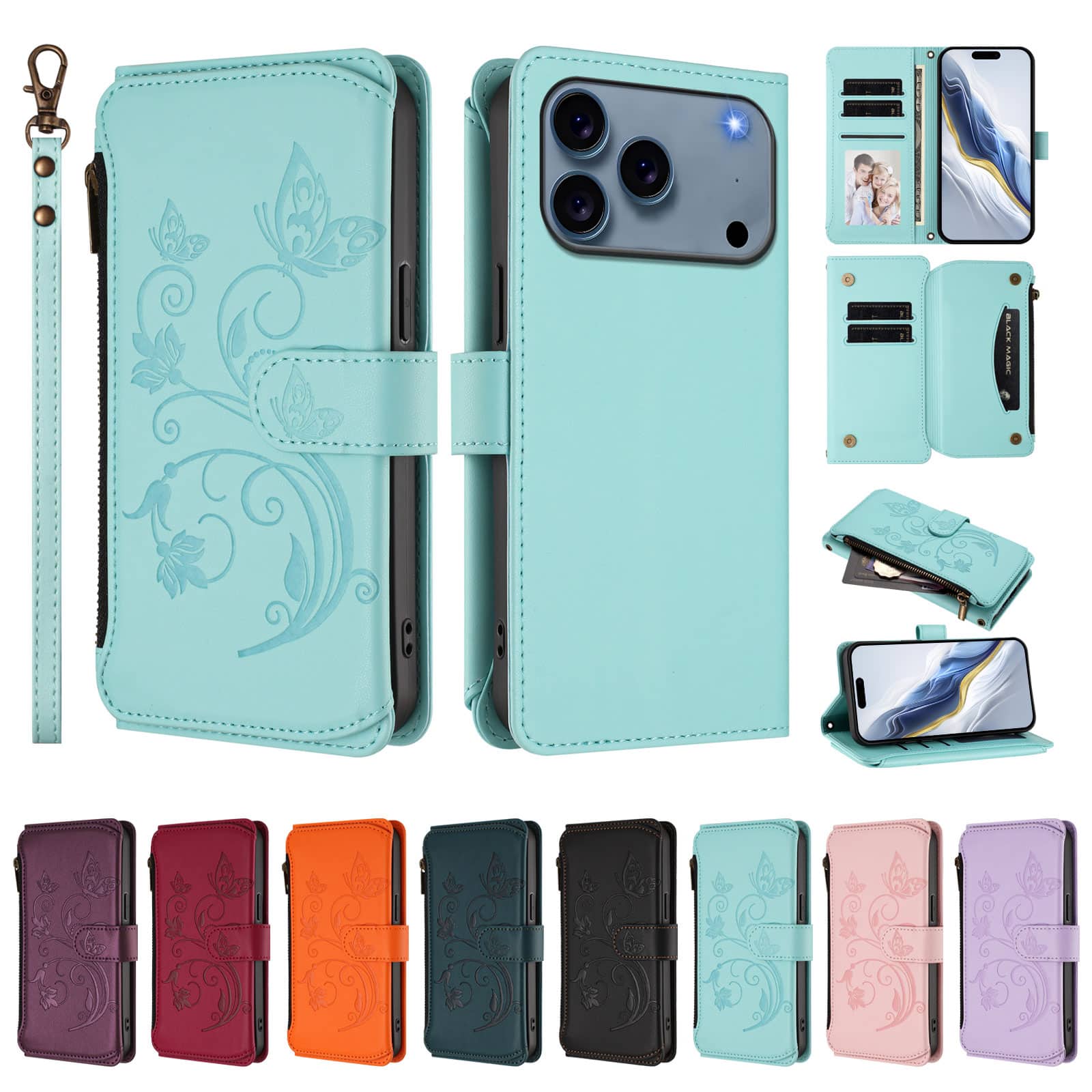 Dteck - Crossbody Wallet Case for Apple iPhone 17 Pro,Embossed Butterfly Flower Folio PU Leather Cover with Zipper Pocket+Strap - Green price history on PriceWatchPro
