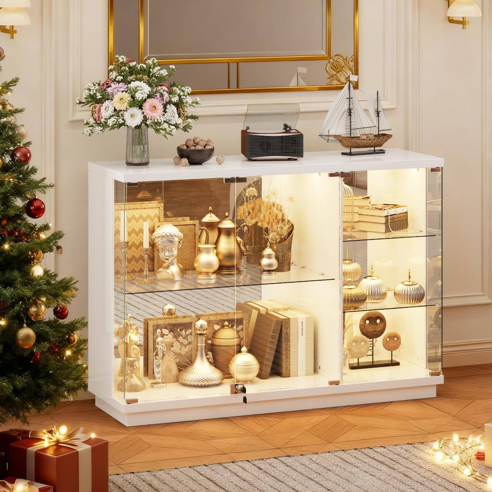 Front. OMOMMD - LED Curio Cabinet with RGB Lights, Glass Door, Adjustable Shelves - White-5 Tier.