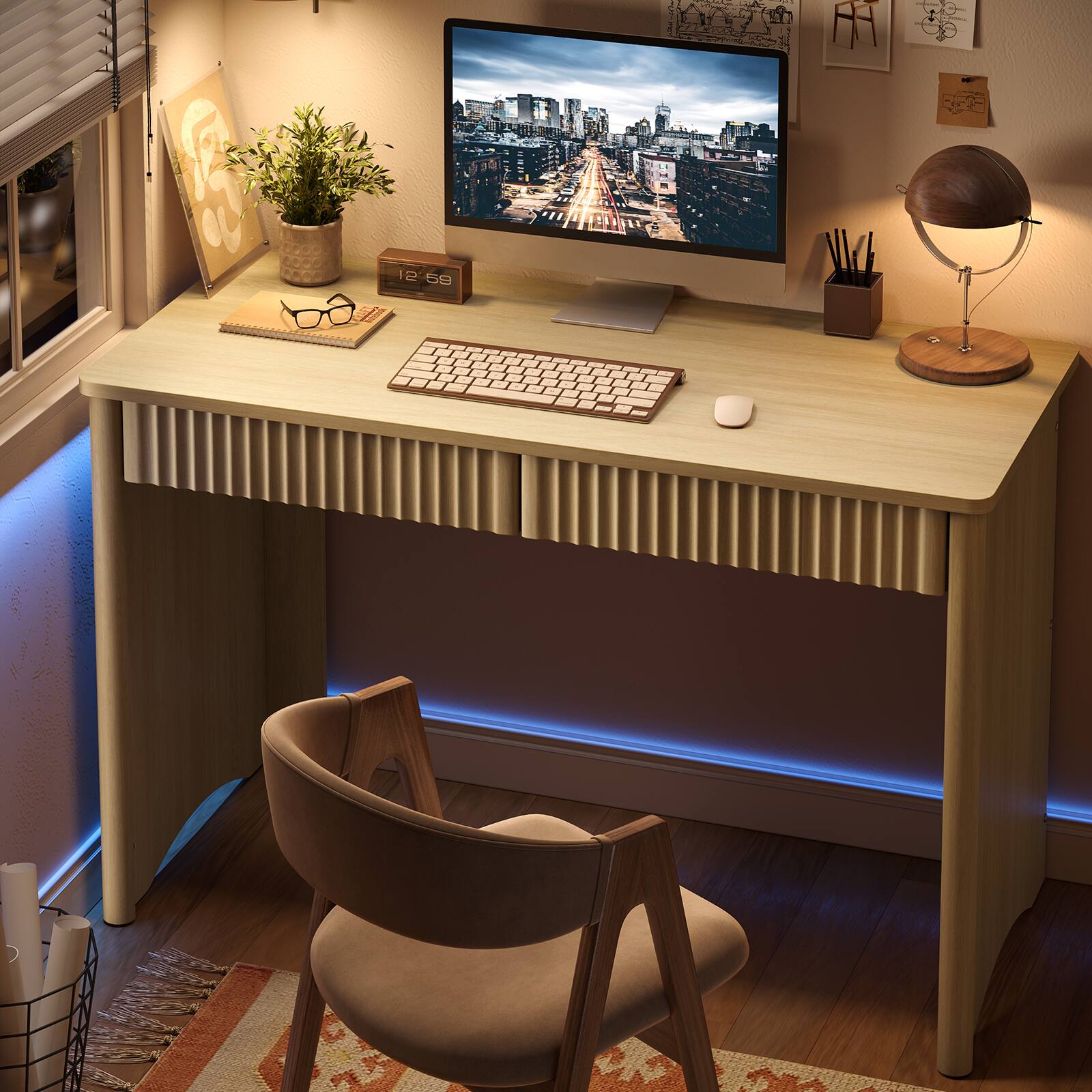 Left. Bestier - 47 inch Home Office Desk with Drawers, Compact Computer Desk with Storage, Modern Office Desk for Home Workspace - Natual Oak.