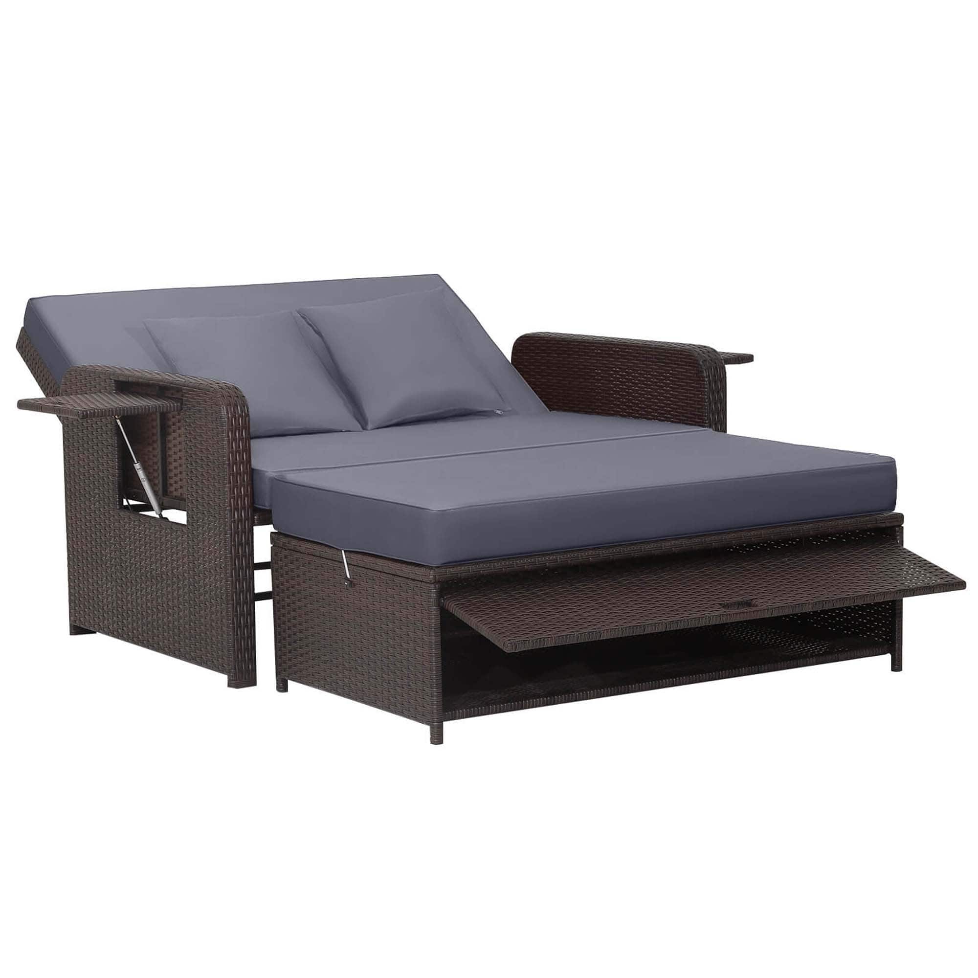 Front. Costway - Patio Rattan Loveseat Set Daybed Lounge Storage Ottoman Side Tables Adjust - Gray + Mix Brown.