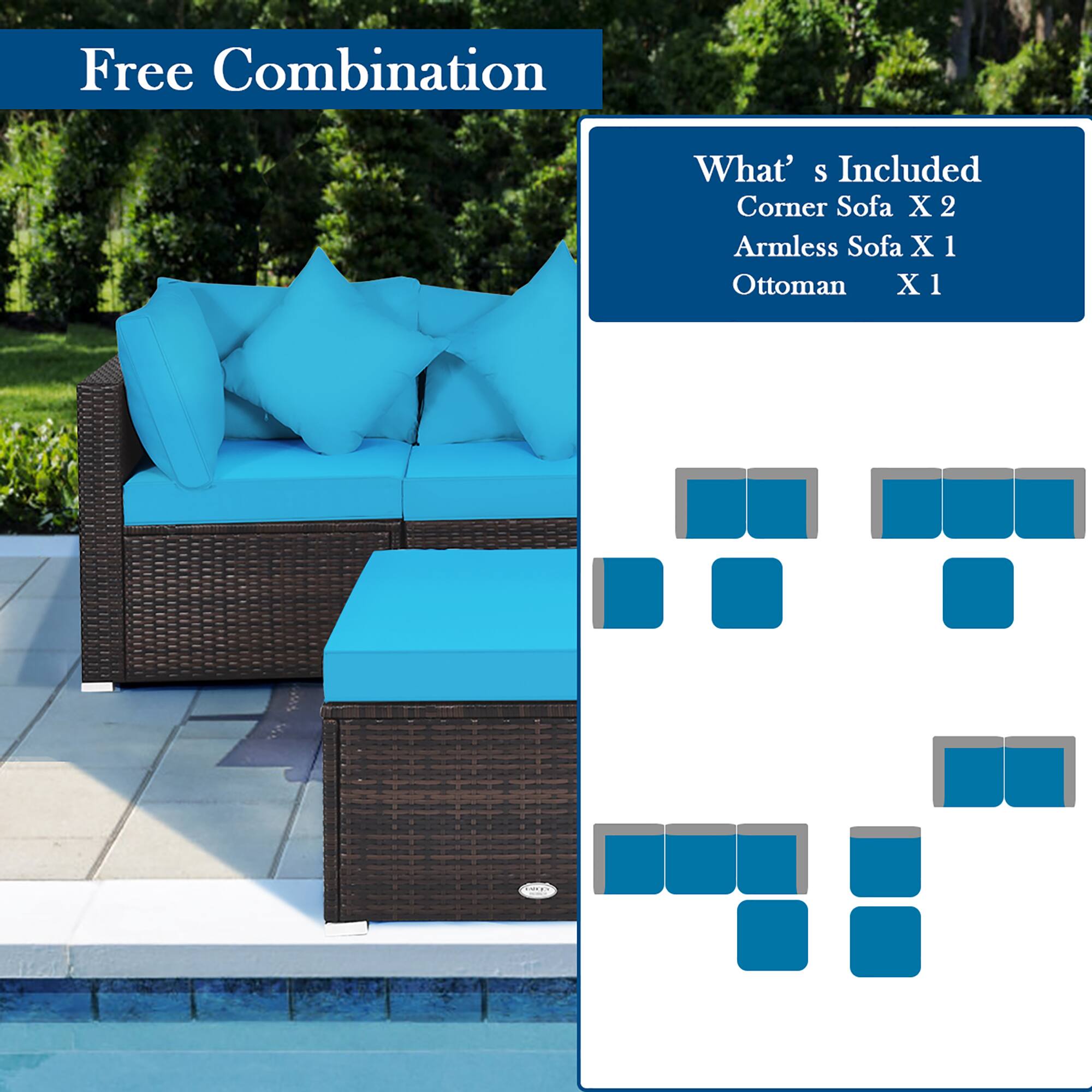 Free Combination: What's Included: Corner Sofa X 2, Armless Sofa X 1, Ottoman X 1.