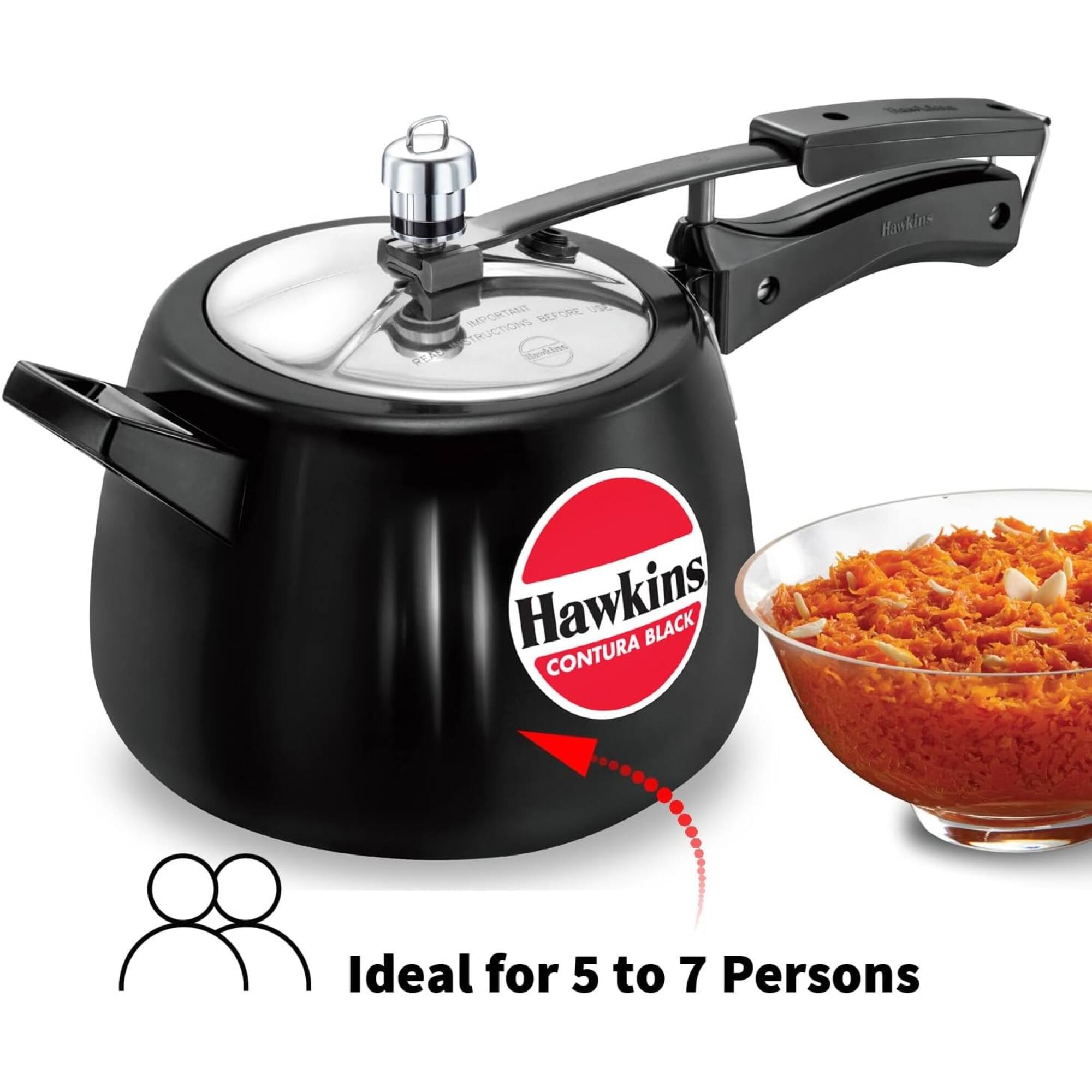Hawkins  
BEFORE use IMPORTANT READ INSTRUCTIONS  
Hawkins CONTURA BLACK  
Ideal for 5 to 7 Persons