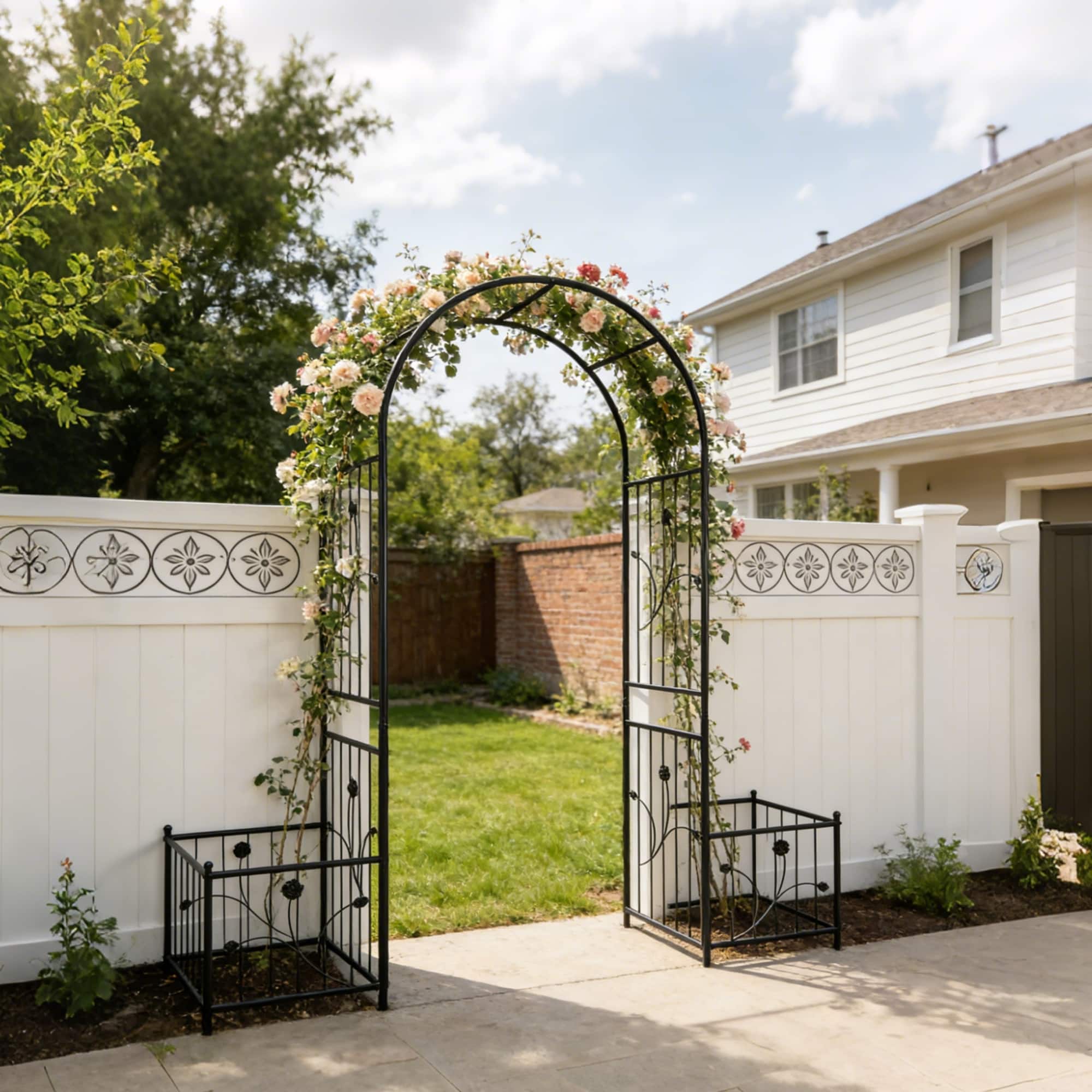 Loheer - Metal Garden Arch with Built-In Plant Stands for Climbing Plants and Roses, Outdoor Trellis - Black