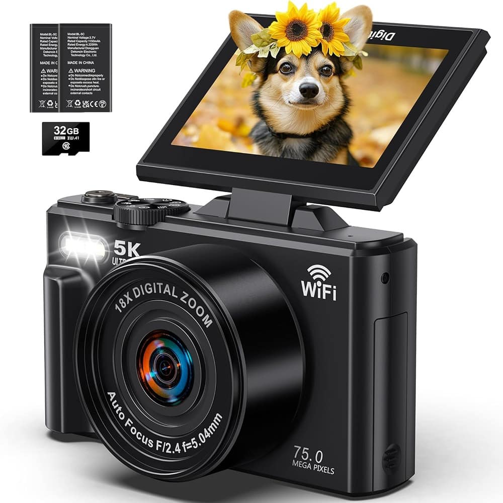ACJPR - 5K Digital Camera, 75MP, WiFi, 18X Zoom, 3" Flip Screen, 32GB SD Card