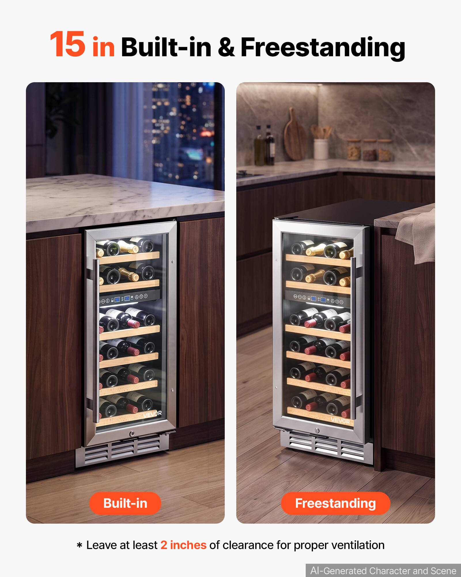 15 in Built-in & Freestanding

VEVOR

Built-in
Freestanding

* Leave at least 2 inches of clearance for proper ventilation

AI-Generated Character and Scene