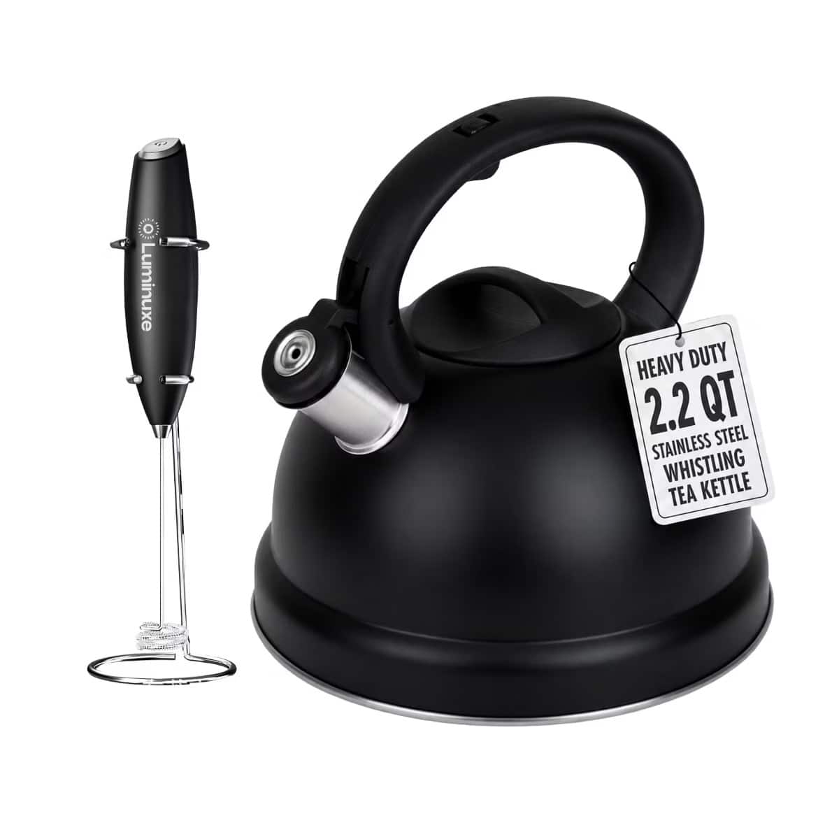 Luminuxe - Whistling Tea Kettle & Milk Frother Set, 2.2qt Stainless Steel Stove Top Kettle & Handheld Milk Frother with Stand - Black