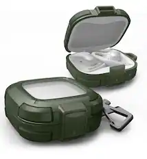 Front. Dexnor - For SHOKZ OpenFit Air Shockproof Rugged Case with Drop-Proof Lock, Carabiner, Keyring, Cleaner Kit - Army Green.