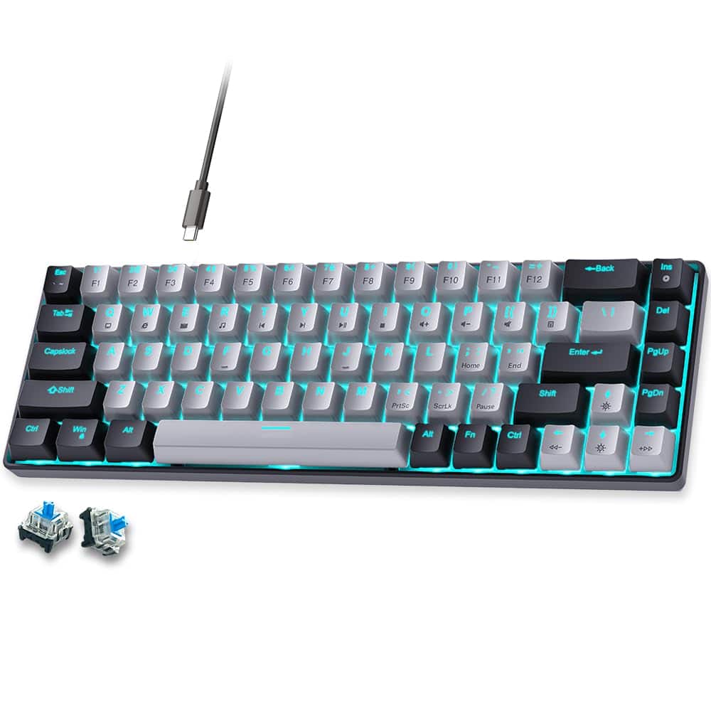 PO3TICJUNKI3 - 60 Mechanical Gaming Red Wired Compact With Blue Backlight Swappable White Keycaps For Windows - Black-Gray