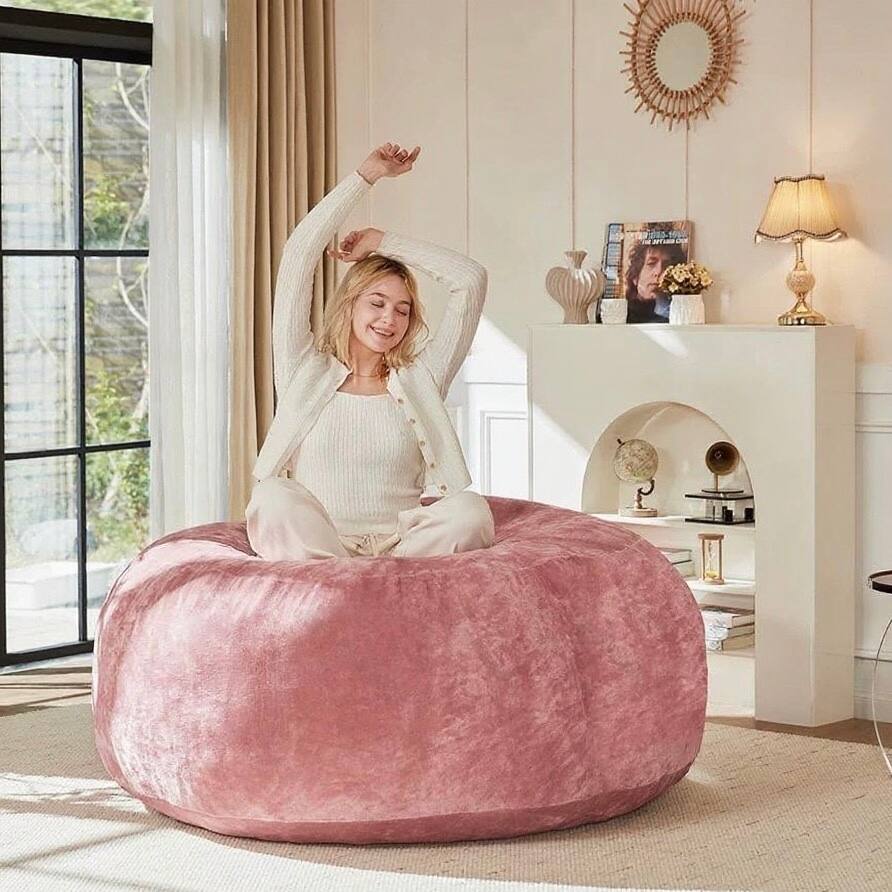 GOODSILO - 4FT Bean Bag Chair - Memory Foam Filled, Soft Flannel Cover, Round Sofa for Living Room, Bedroom, Dorm - Light Pink