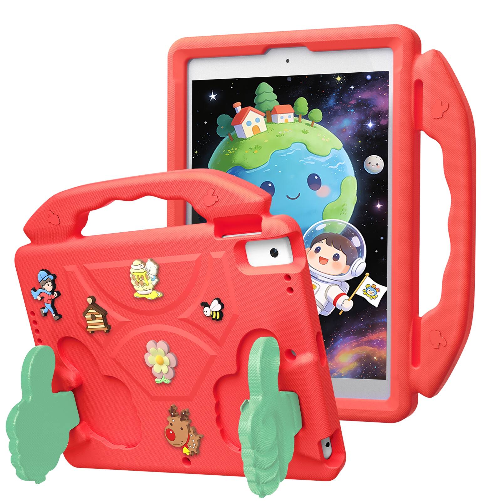 Angle. UUCOVER - Kids Case for iPad 9th 8th 7th Gen 10.2-inch (2021/2020/2019) Shockproof EVA Handle Stand Anti-Slip Protective Cover - Red.
