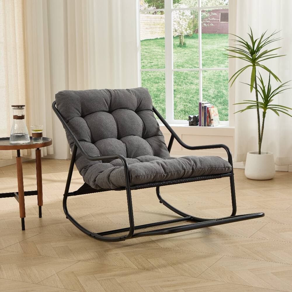 Angle. Loheer - Loheer Outdoor Rocking Chair with Thick Grey Cushion, Modern Black Steel Frame Patio Rocker for Living Room and Bedroom - Grey.
