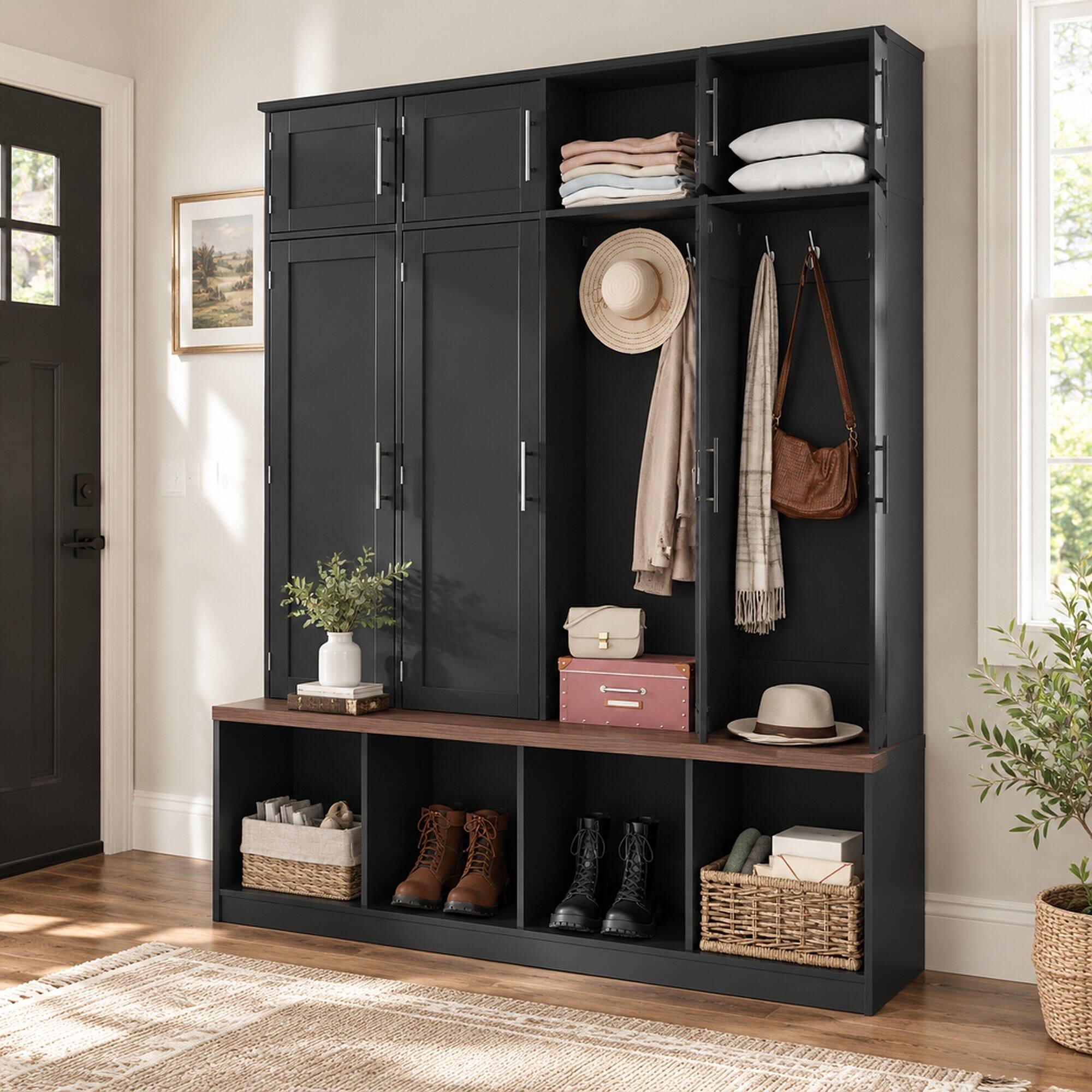 Angle. RYHNUYNE - Farmhouse Hall Tree, Walnut Seating Bench, 8 Doors, 4 Hooks, Entryway Shoe Cabinet, Black - Black.