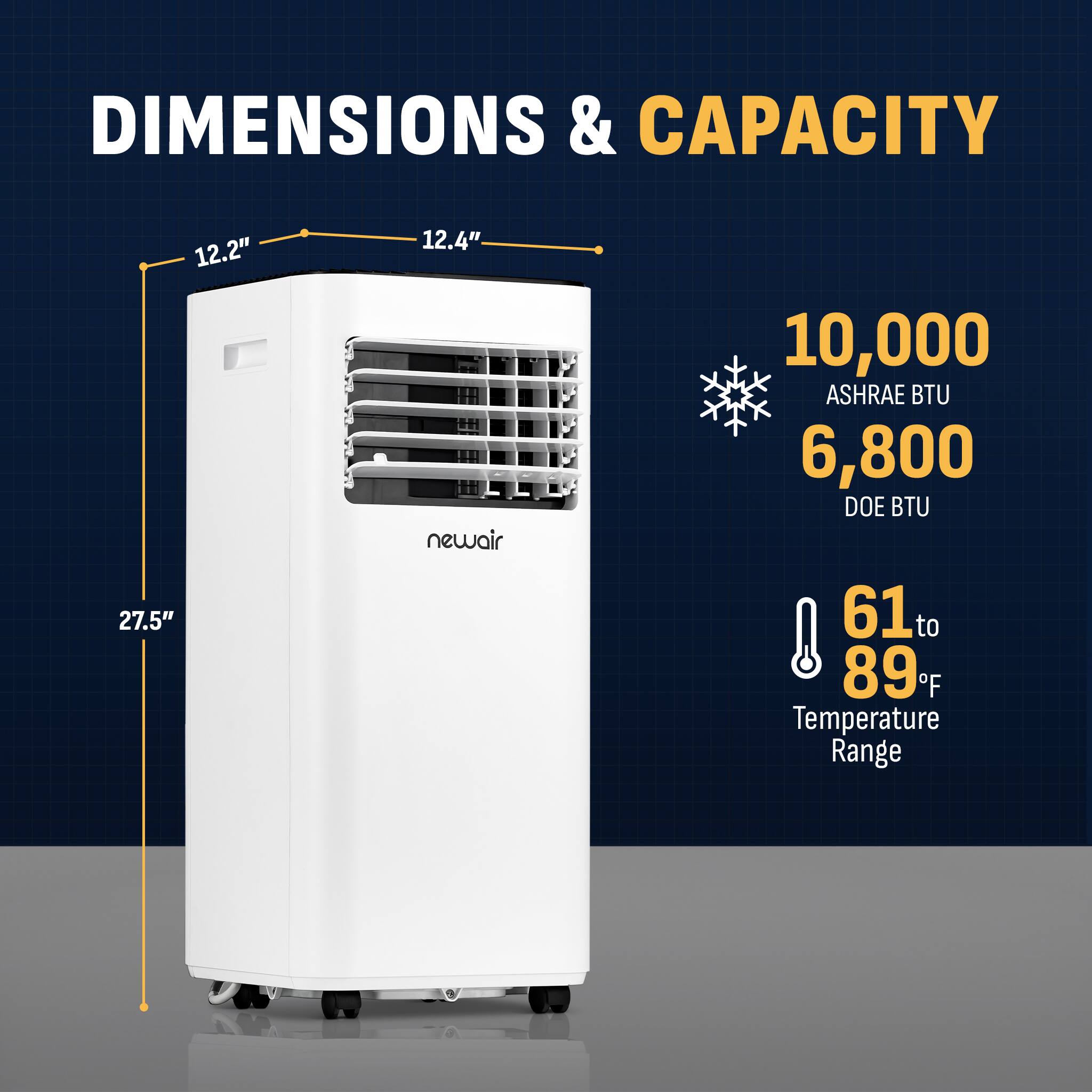DIMENSIONS & CAPACITY: 12.2" x 27.5" x 12.4" NewAir 10,000 ASHRAE BTU 6,800 DOE BTU 61° to 89°F Temperature Range