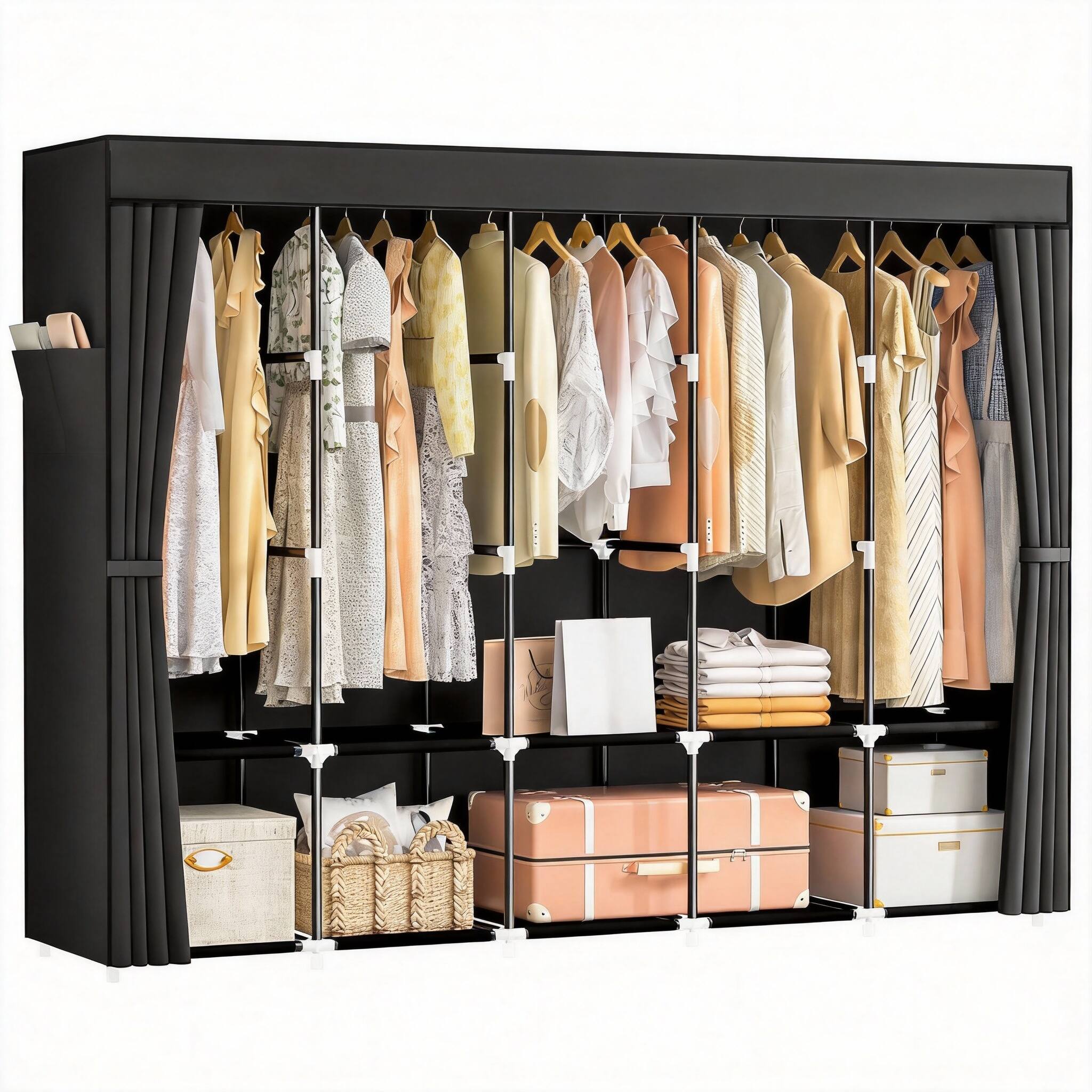 Front. PO3TICJUNKI3 - Wardrobe Closet Portable For Hanging Clothes Capacity Rack Organizer With Cover Shelves Pockets - Black 5 Row - 83"Wide.