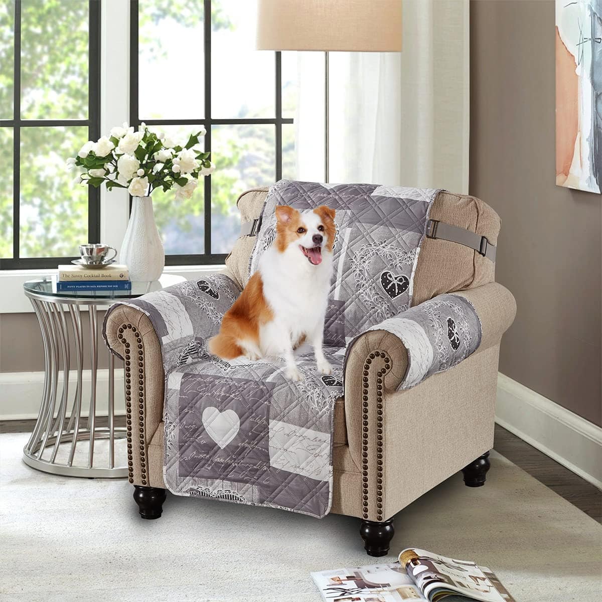 Fabibe - Lilac and Beige Rose Patchwork Quilted Large Recliner Slipcover, 28" Seat Width, Slip Resistant Furniture Protector - Grey 23" Small Chair