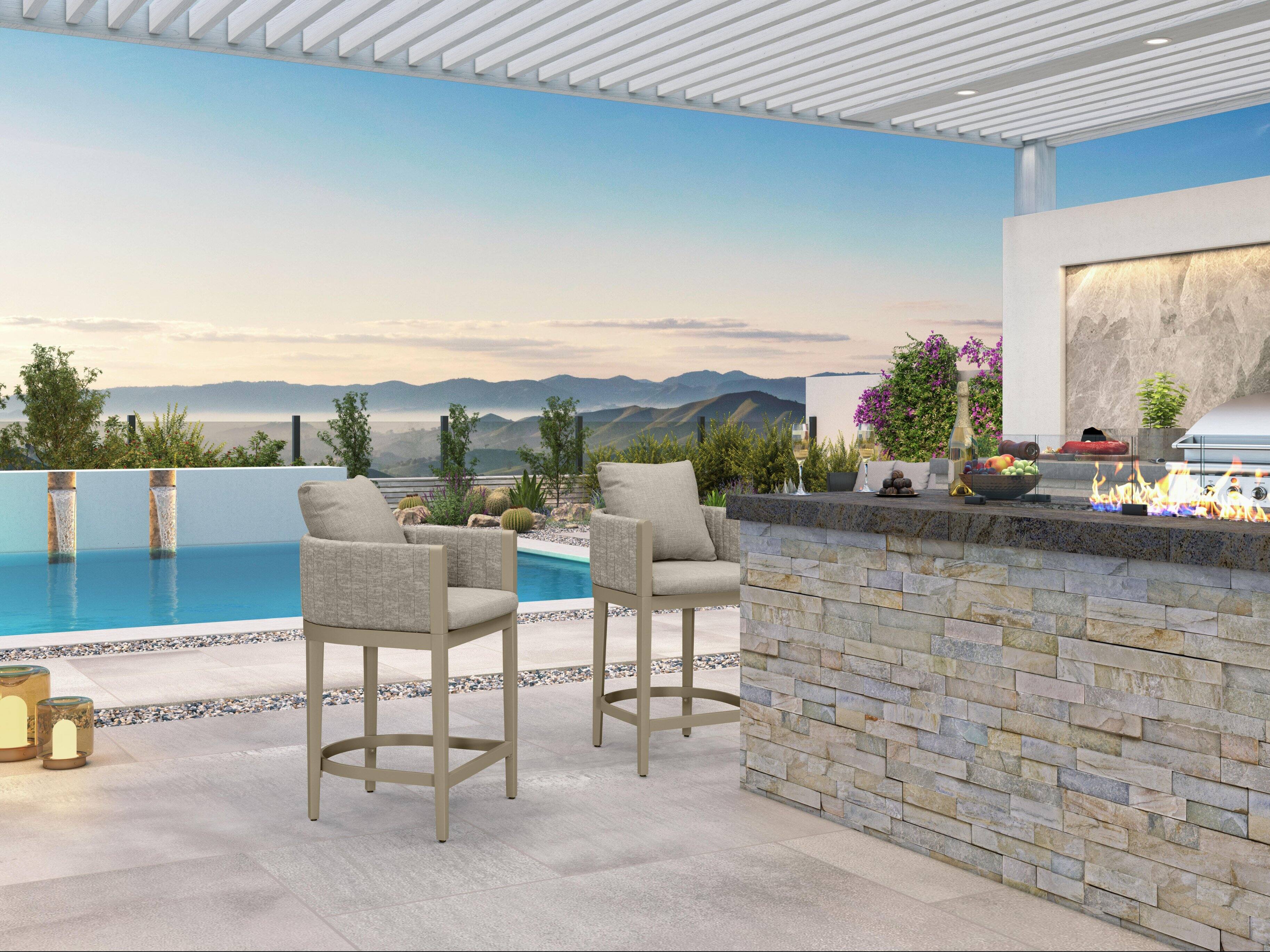 Alt View 1. PURPLE LEAF - Outdoor Counter Height Stool Set of 2 Aluminum Modern Olefin Barstools with Backrest Pillow for Garden Balcony Lawn - Champagne & Square Base-Counter Stool.