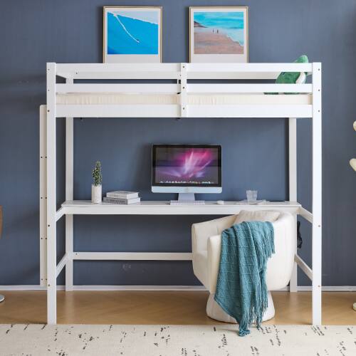 Alt View 1. Winado - Twin Size Wood Loft Bed Frame with Desk & Bookcase Solid Safety Guardrail with RGB LED 2 Charging Station for Junior - White.