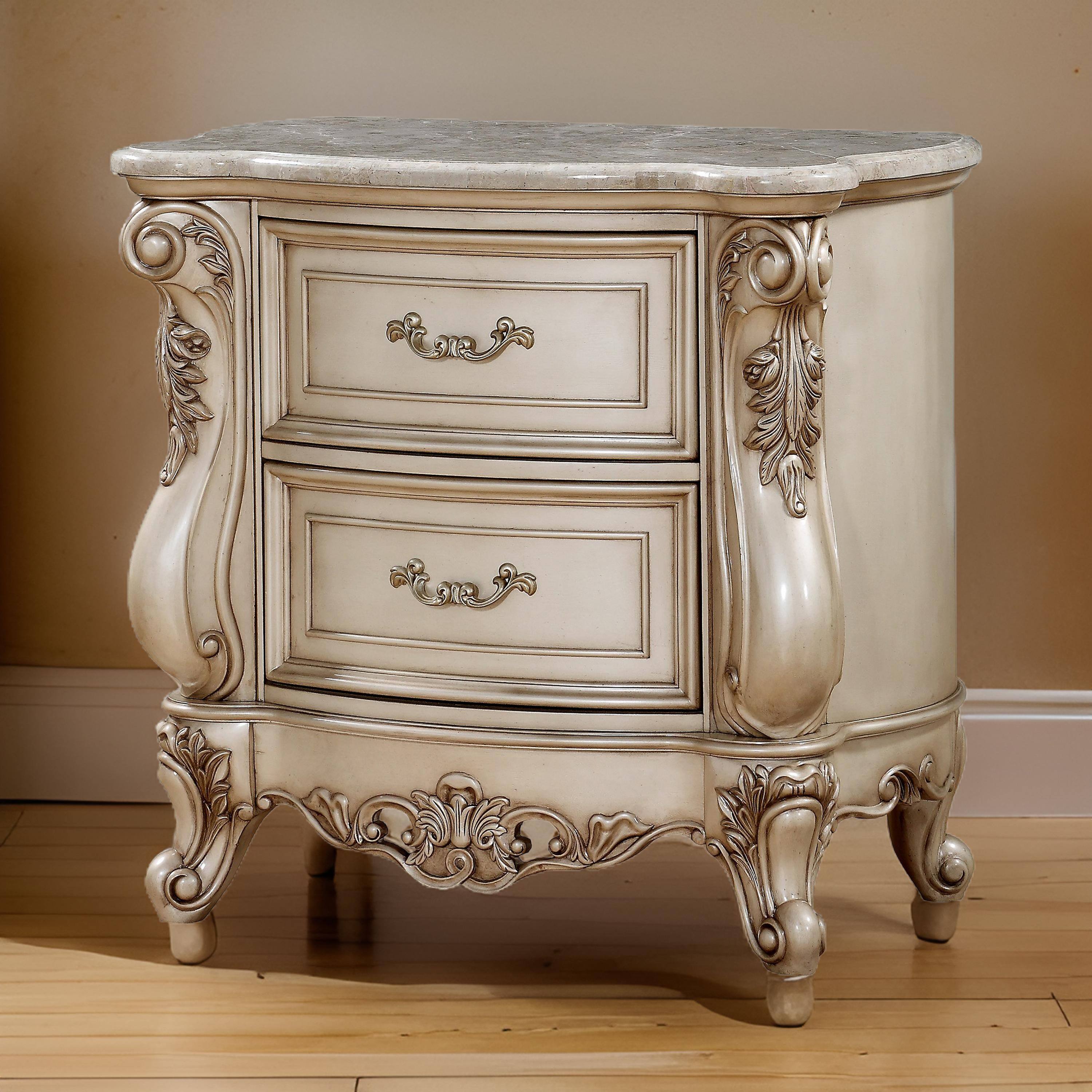 Alt View 2. Manhattan Lane - 2 Drawer Nightstand With Raised Scrolled Floral Moulding - White.