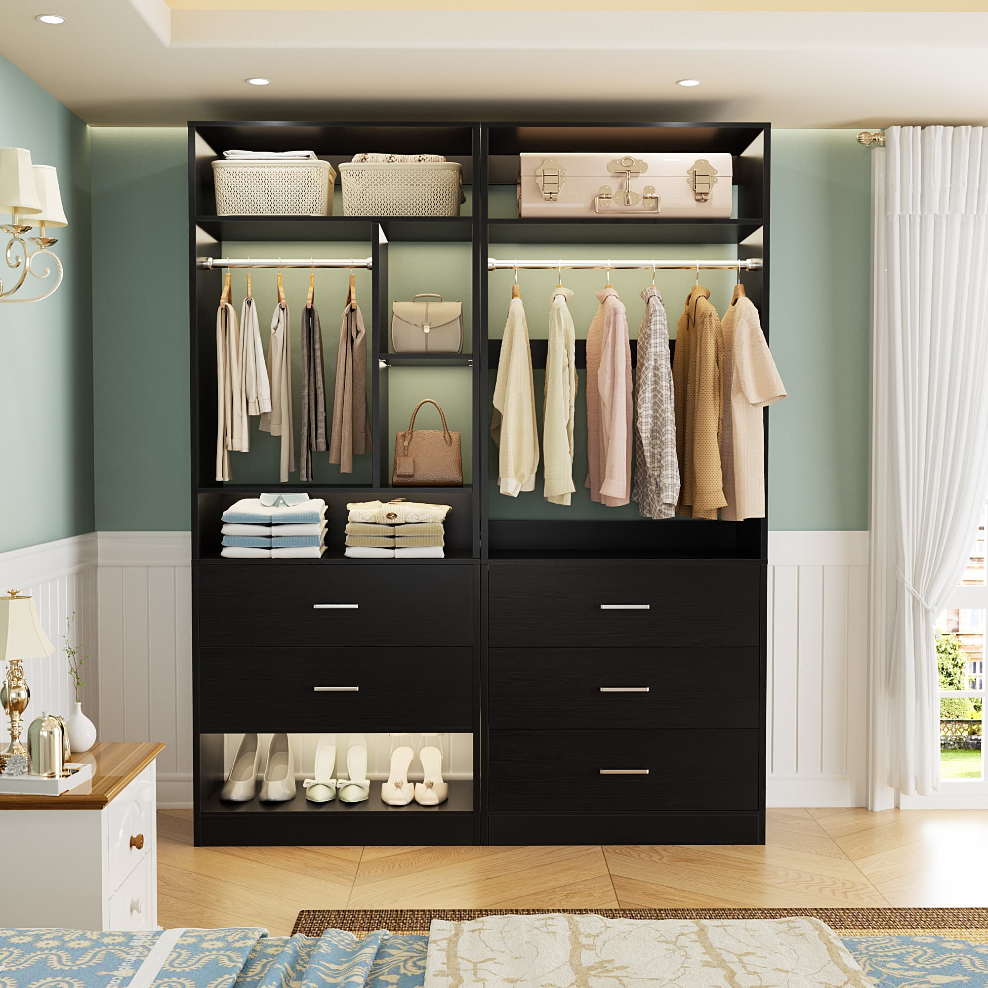 Aheaplus - Heavy Duty 48-Inch Walk-in Closet Organizer: 5 Wood Drawers, 2 Hanging Rods, 7 Shelves (48x15x80 in) - Black