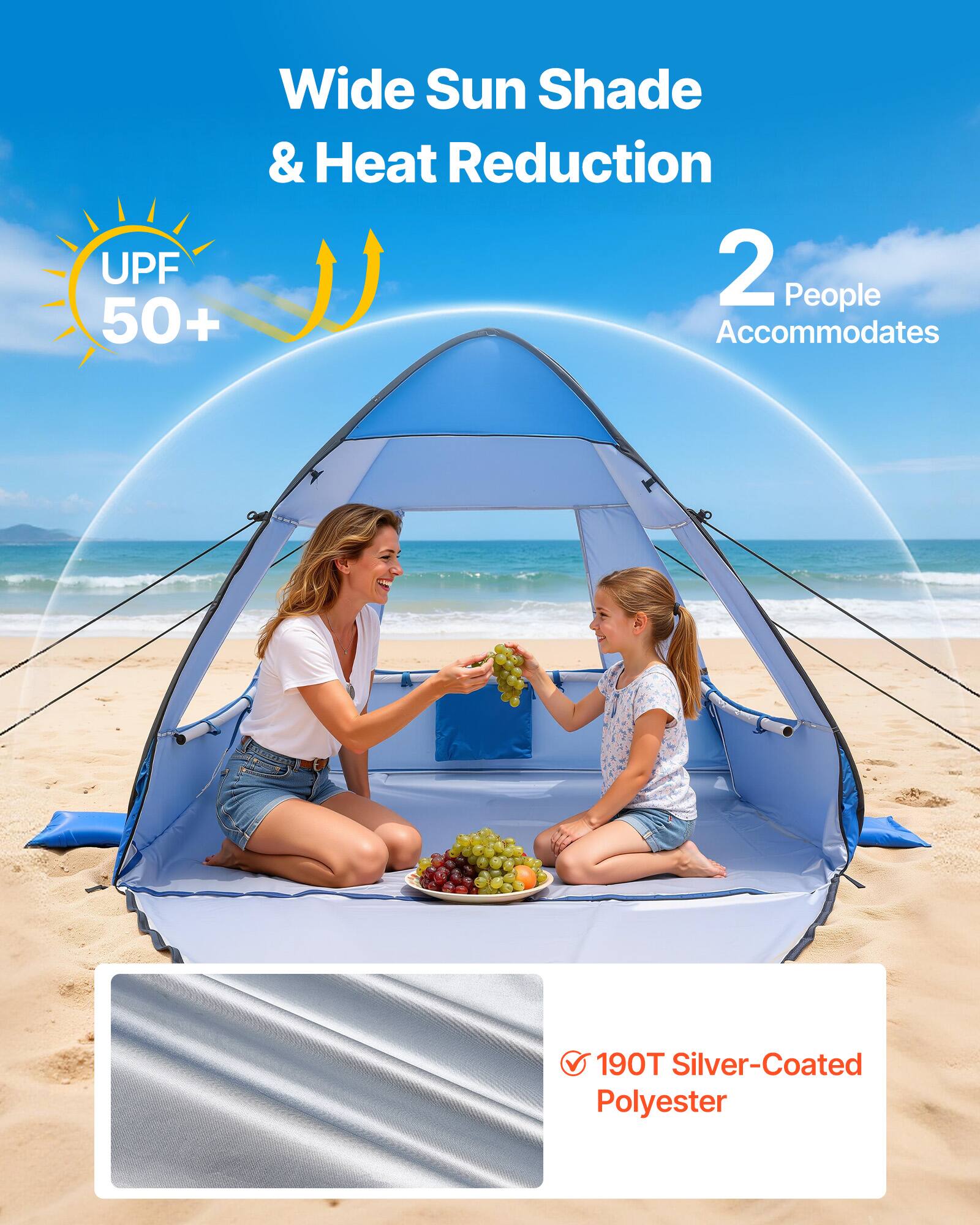 Wide Sun Shade & Heat Reduction  
UPF 50+  
2 People Accommodates  
190T Silver-Coated Polyester