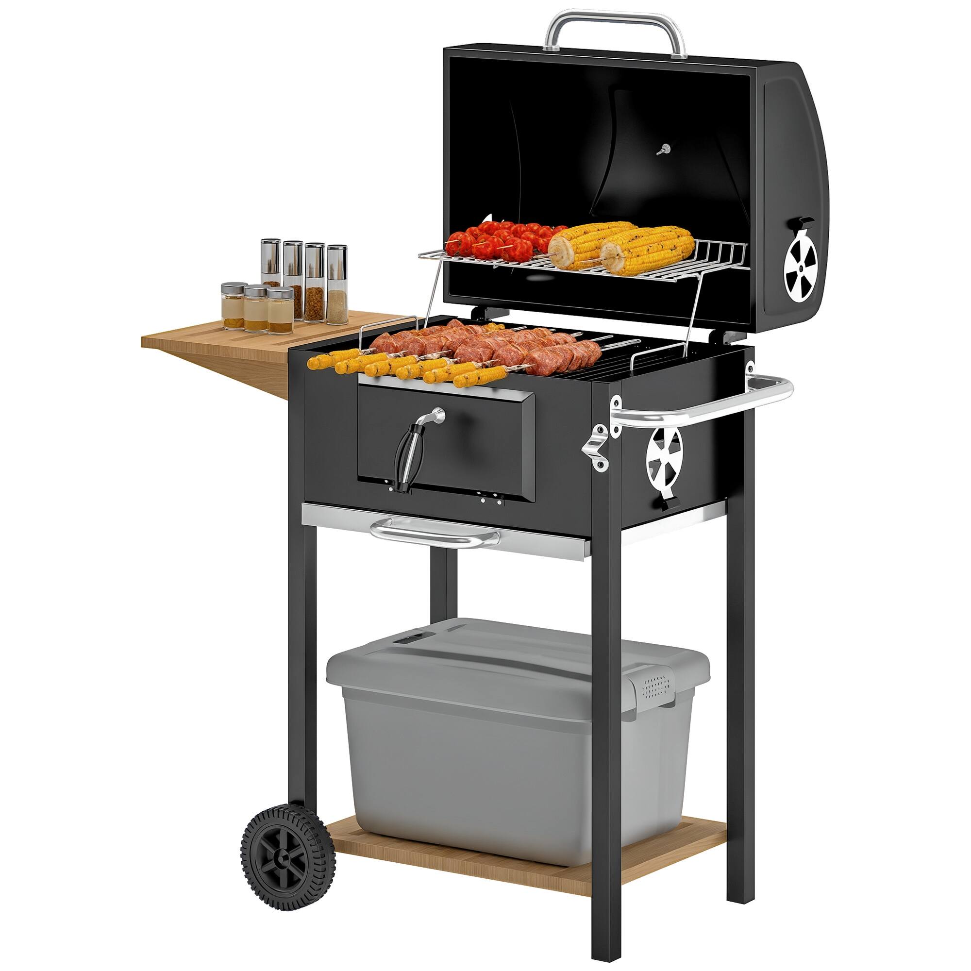 Front. Outsunny - Charcoal BBQ Grill, Outdoor Portable Cooker for Camping or Backyard Picnic, Barbecue Grill with Side Table - Black.