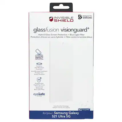 Designed for INVISIBLE S SAMSUNG SHIELD glassfusion visionguard+ Hybrid Glass Screen Protection + Blue Light Filter Protection d'ecran en verre hybride + Filtre contre la lumiere bleue EXTREME IMPACT PROTECTION Contains Anti-Microbial Treatment Anti-Microbial Treatment Protects Your Screen Protector Protects from Digital Eye Strain with Enhanced Blue Light Filter eyesafe Technology Case-friendly Coverage Adapt toutes les coques 5G Compatible for/pour: Samsung Galaxy S21 Ultra 5G