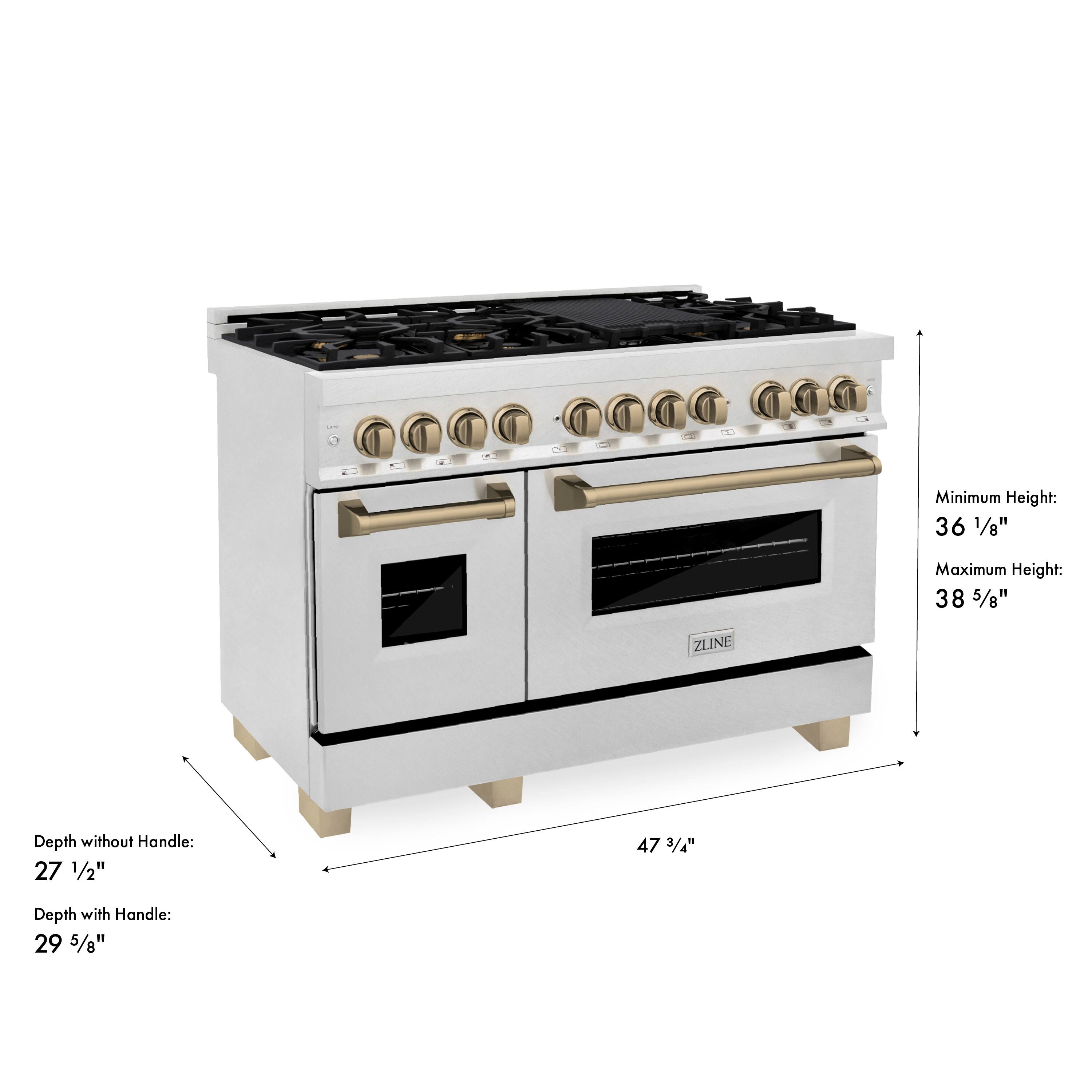 Minimum Height: 36 1/8"  
Maximum Height: 38 5/8"  
ZLINE Depth without Handle: 27 1/2"  
Depth with Handle: 29 5/8"