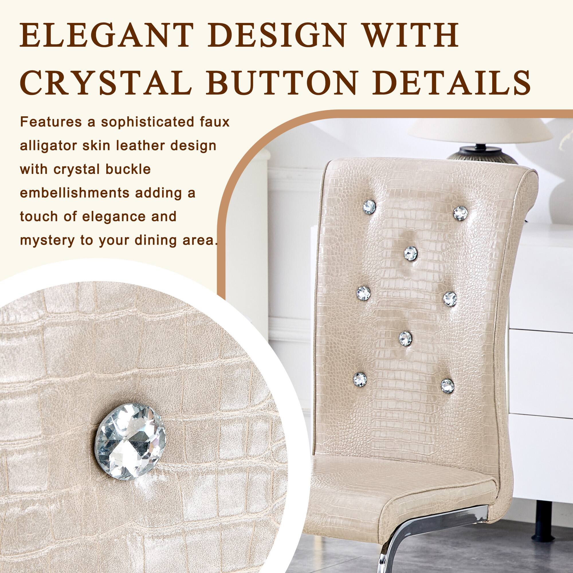 ELEGANT DESIGN WITH CRYSTAL BUTTON DETAILS

Features a sophisticated faux alligator skin leather design with crystal buckle embellishments adding a touch of elegance and mystery to your dining area.