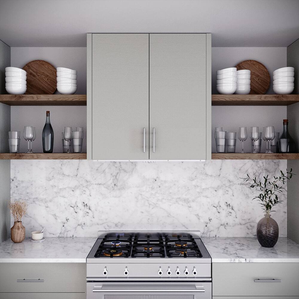 Left. Streamline - 36 in. Seriate Ducted Insert 350 CFM Range Hood, Baffle Filters, Push Button Control, LED Lights - Brushed Stainless Steel.