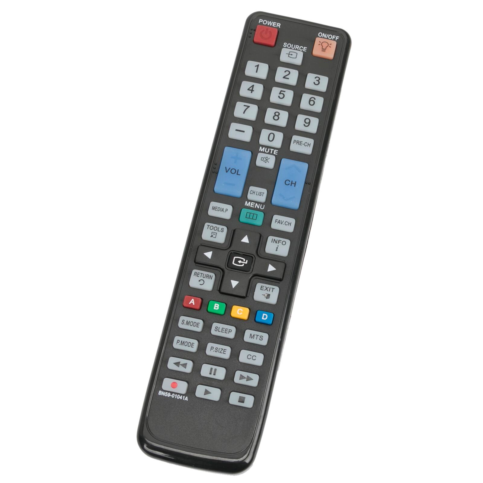 POWER ON/OFF SOURCE 1 2 3 4 5 6 7 8 9 0 PRE-CH MUTE VOL CH CH LIST MEDIA P MENU 1H0 FAV.CH TOOLS INFO RETURN EXIT A B C D S.MODE SLEEP MTS P.MODE P.SIZE CC BN59-01041A