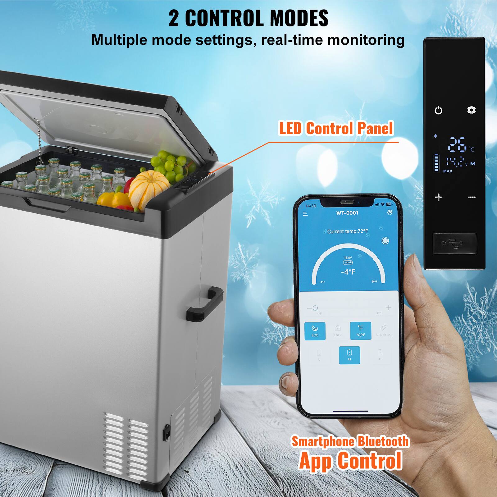 2 CONTROL MODES
Multiple mode settings, real-time monitoring
LED Control Panel
WT-0001
Smartphone Bluetooth App Control