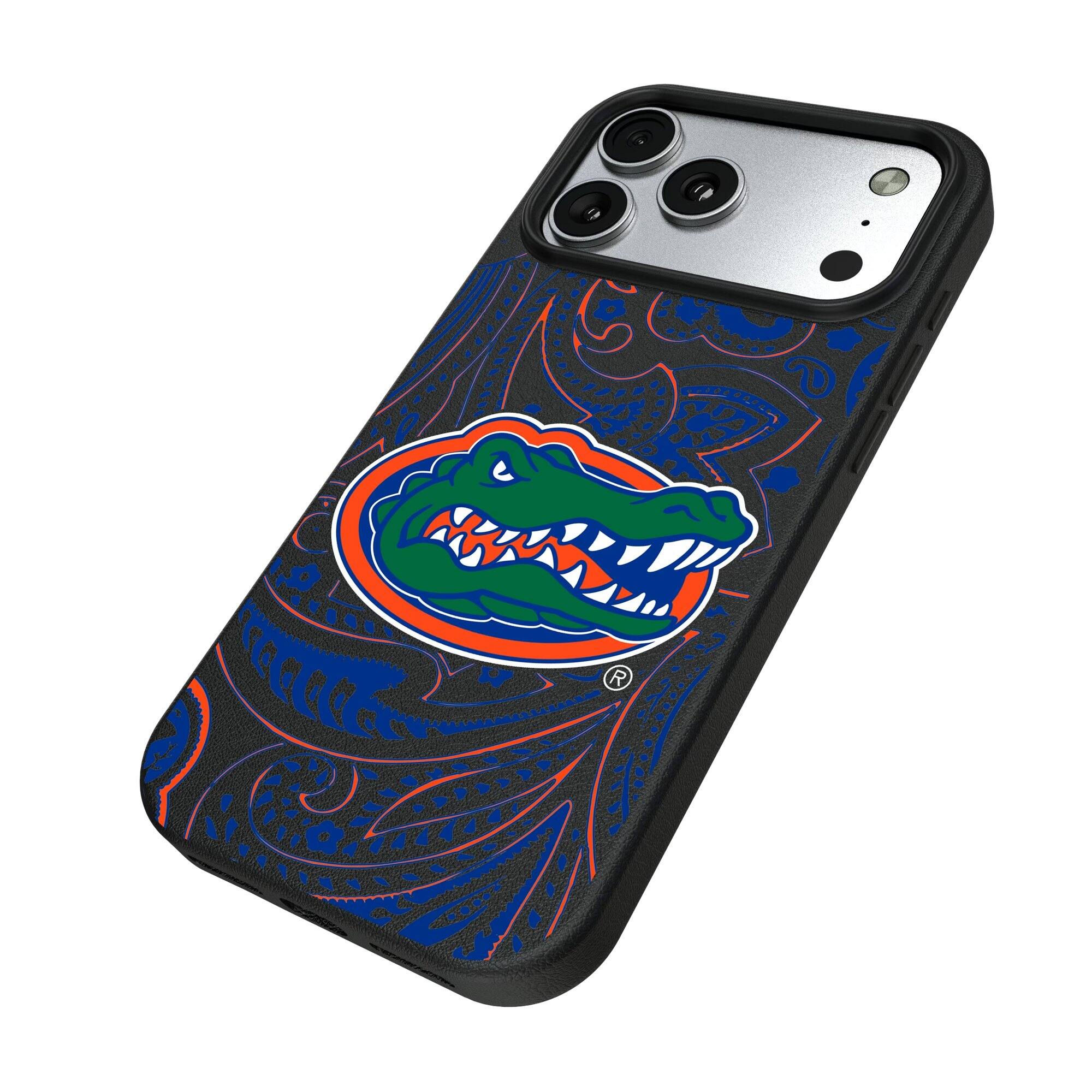 Alt View 1. Keyscaper - Florida Gators Paisley iPhone Magnetic Bump Case - 16 Pro - Black.