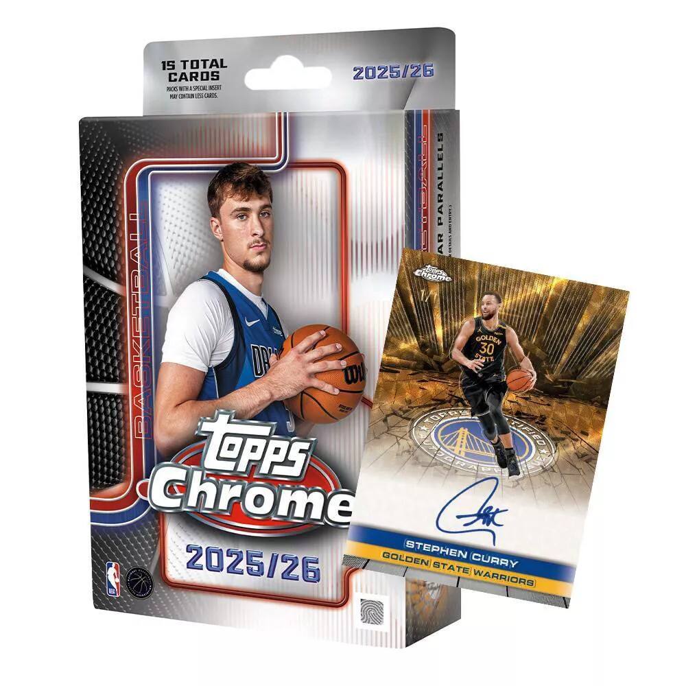 15 TOTAL CARDS  
PACKS WITH A SPECIAL INSERT  
NO COMBINATION CARDS  

2025/26  
Topps Chrome  

STEPHEN CURRY  
GOLDEN STATE WARRIORS  

30  
GOLDEN STATE WARRIORS  

2025/26