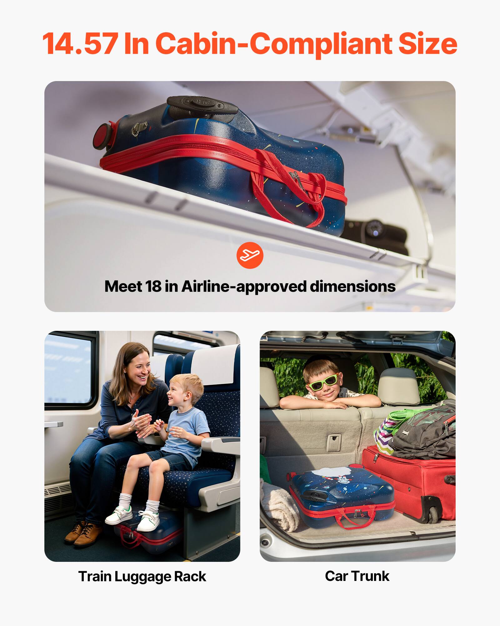 14.57 In Cabin-Compliant Size

Meet 18 in Airline-approved dimensions

Train Luggage Rack

Car Trunk