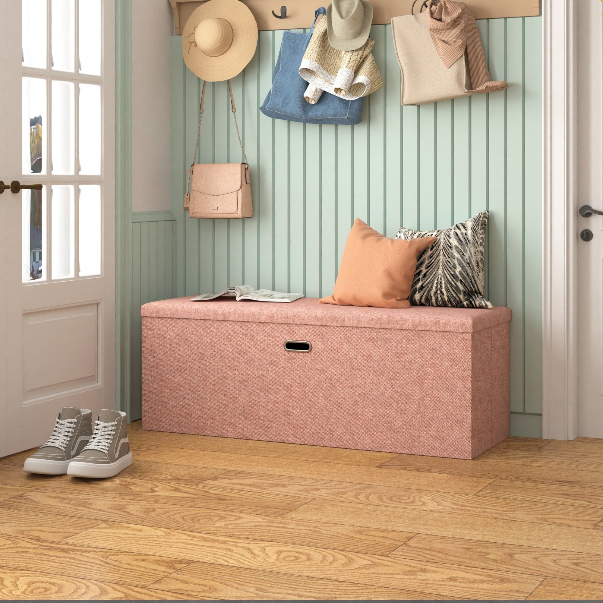 Vecelo - 43" Storage Ottoman Bench with Lid, Folding Ottoman Bench, Linen Storage Bench for Bedroom Living Room - Pink