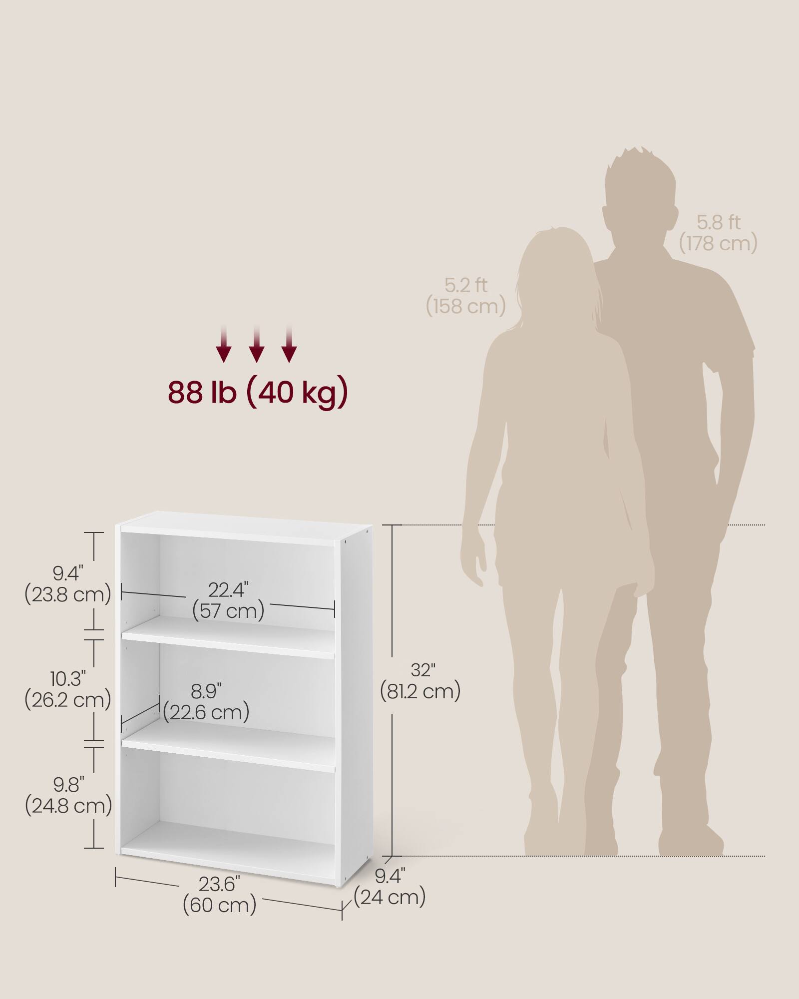 5.8 ft (178 cm)  
5.2 ft (158 cm)  
88 lb (40 kg)  

9.4" (23.8 cm)  
22.4" (57 cm)  
10.3" (26.2 cm)  
8.9" (22.6 cm)  
32" (81.2 cm)  
9.8" (24.8 cm)  
23.6" (60 cm)  
9.4" (24 cm)