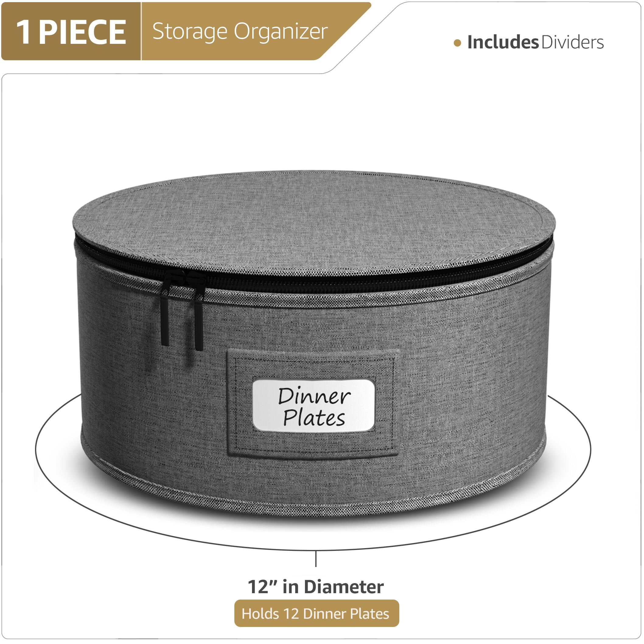 1 PIECE Storage Organizer  
Includes Dividers  

Dinner Plates  

12" in Diameter  
Holds 12 Dinner Plates