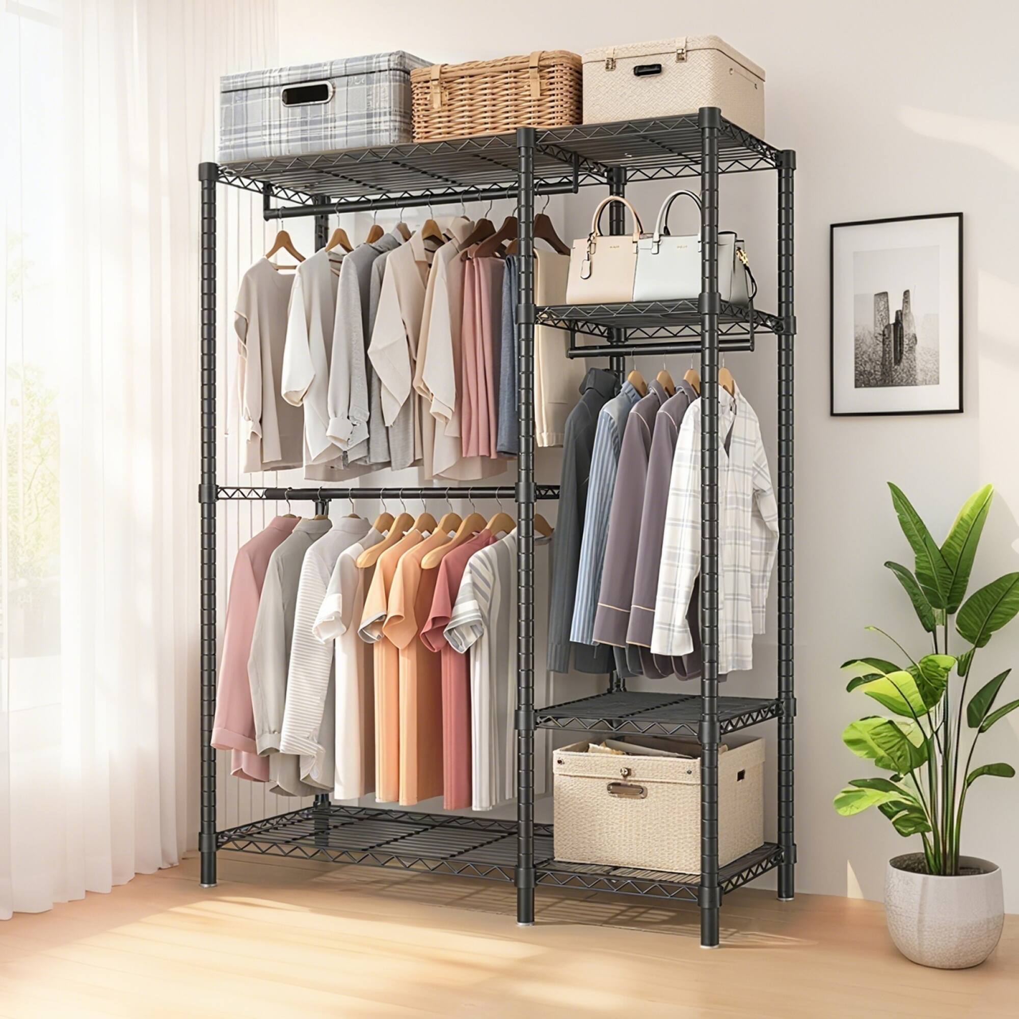 Alt View 1. GOODSILO - Heavy Duty Freestanding Closet Organizer with Adjustable Wire Shelves and Multiple Clothes Rails - Black.