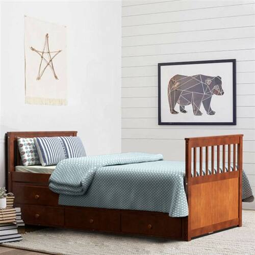 Left. Hivvago - Twin Captains Bed with Pull Out Trundle and 3 Storage Drawers in Walnut Finish - Brown.