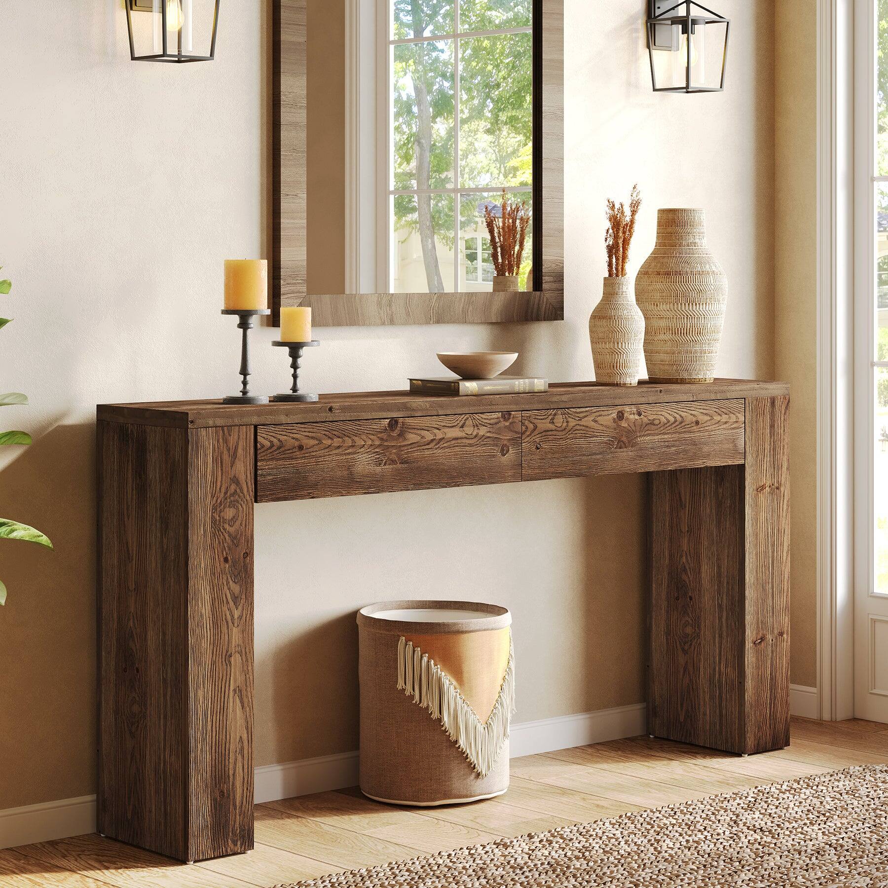 Front. Tribesigns - Solid Wood Console Table with Drawer Storage and Rectangular Top for Entryway, Hallway and Living Room - Brown.