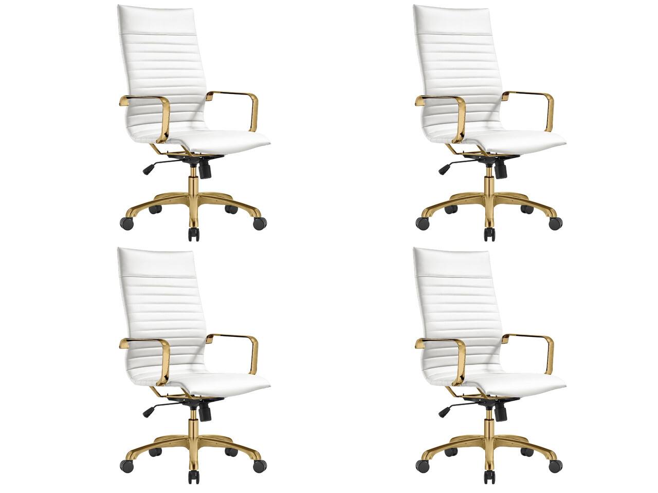 LeisureMod - Set of 4 Harris Modern High-Back Leather Upholstered Computer Office Chair with Adjustable Height and Swivel - White